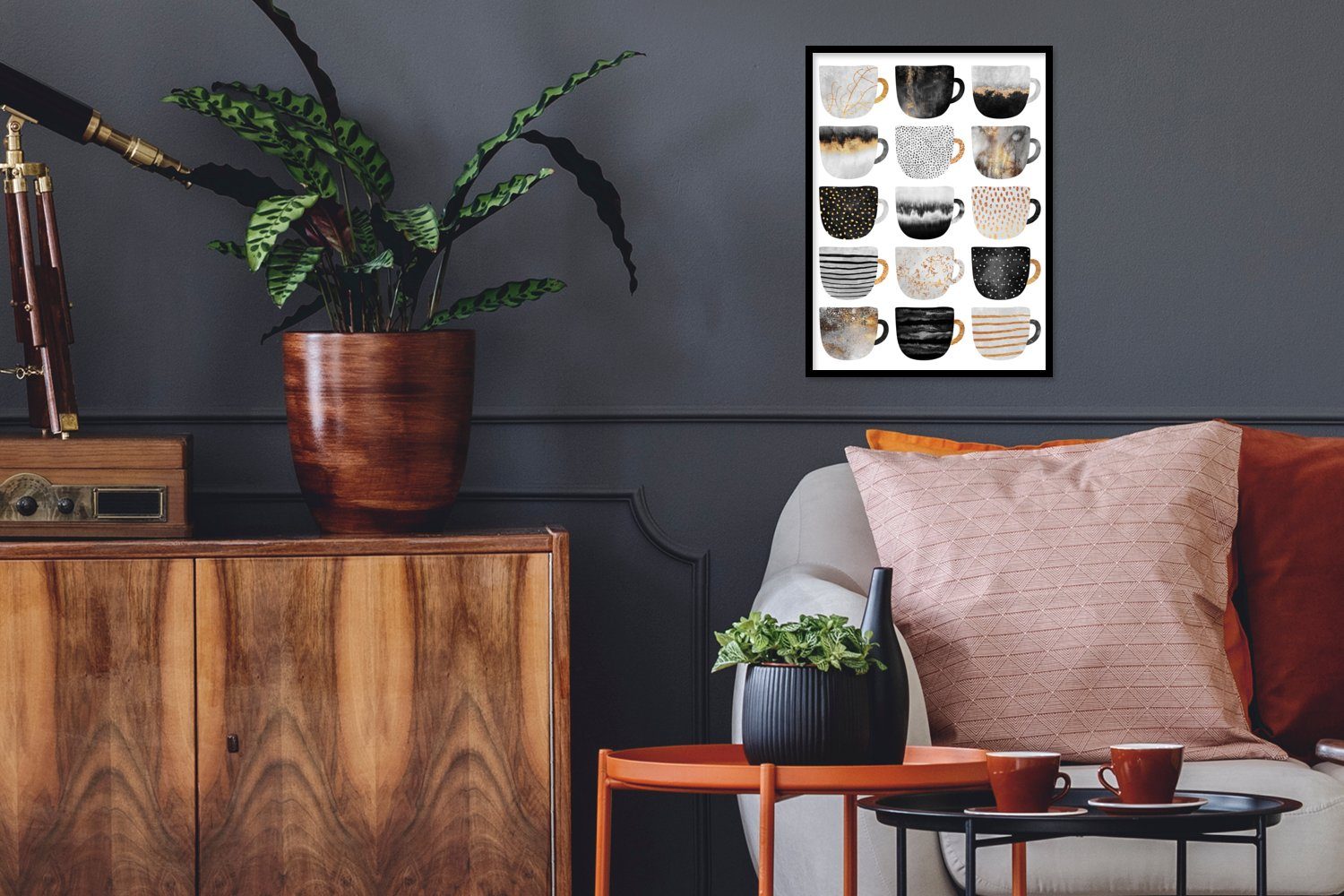 MuchoWow Poster Kaffeetassen - Abstrakt - Muster, (1 St), mit Rahmen, Kunstdruck, Gerahmtes Poster, Schwarzem Bilderrahmen