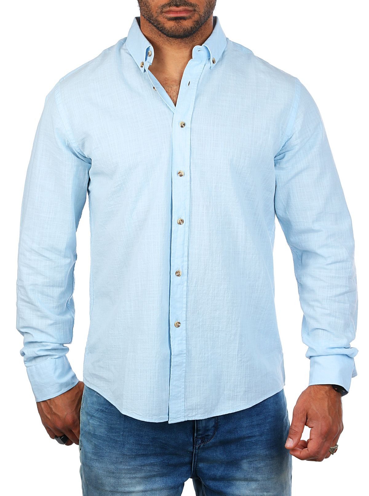 CARISMA Langarmhemd Herren Leinen Baumwoll Mix Casual Hemd 8529 Regular Button-Down-Kragen Langarm Uni