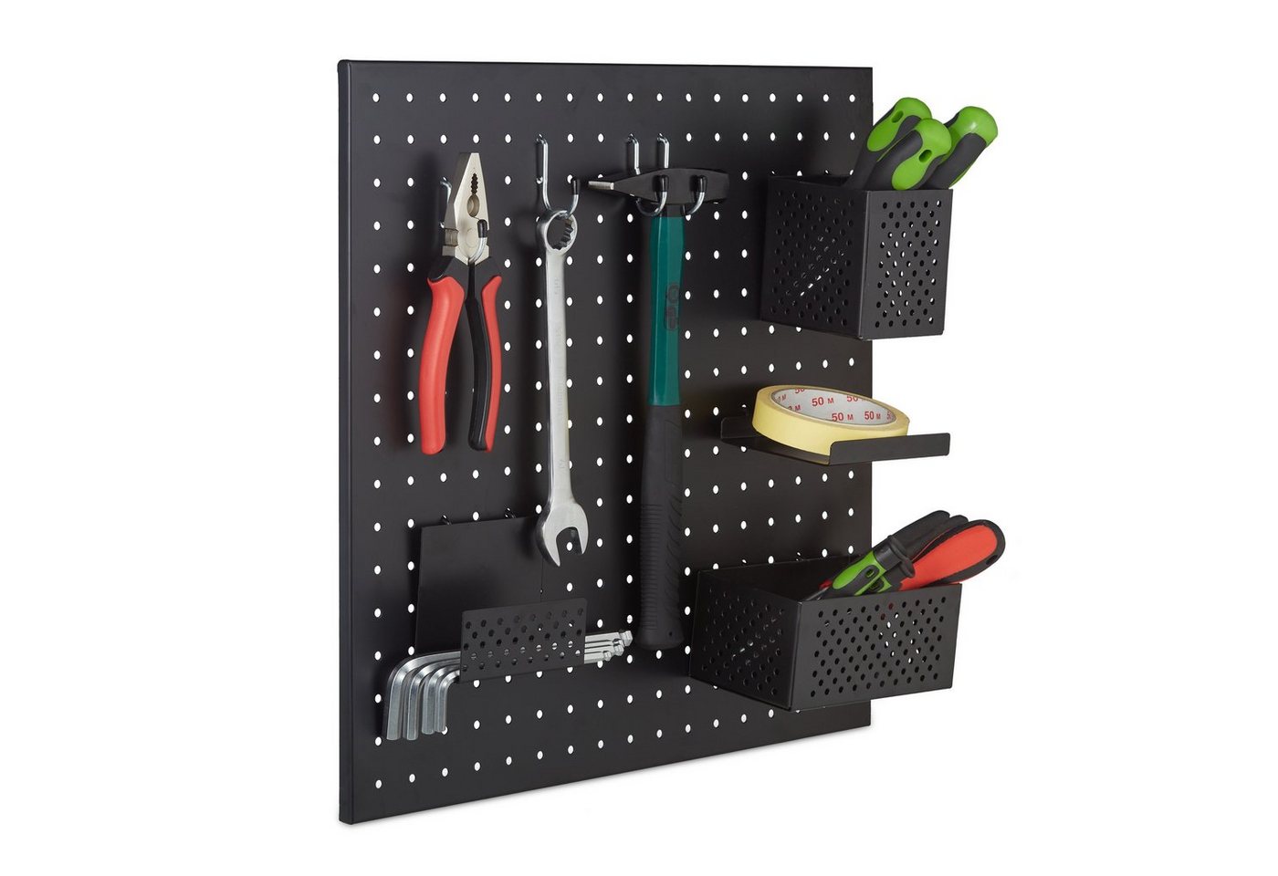 relaxdays Lochwand Werkzeugwand Metall mit Zubehör, 1 Stk., mit 4 Haken, (9-tlg)