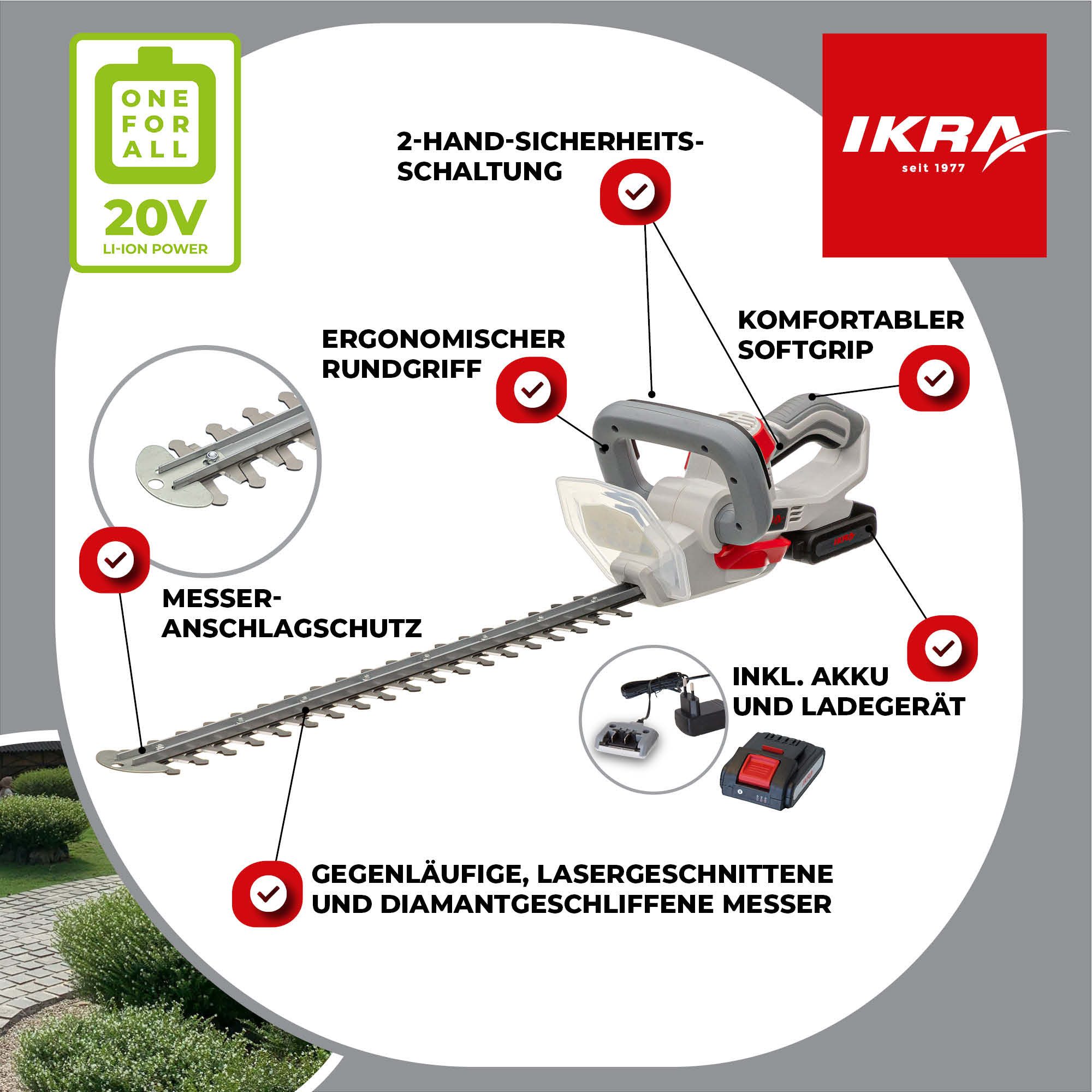 ikra GmbH Akku-Heckenschere IAHS 20-1, 20 V - Lasergeschliffene Messer