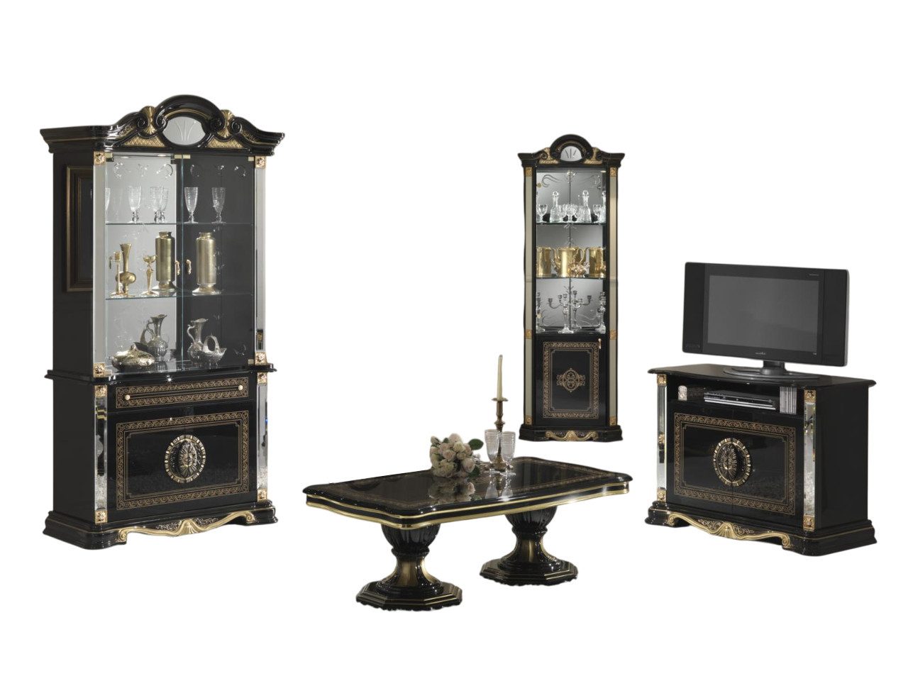 Xlmoebel Wohnzimmer-Set Modernes Wohnzimmermöbel-Set mit Vitrine, Kommode und Esstisch, (5-St., 5tlg.Anrichte Spiegel Couchtisch Eckvitrine Vitrine), Hergestellt in Europa