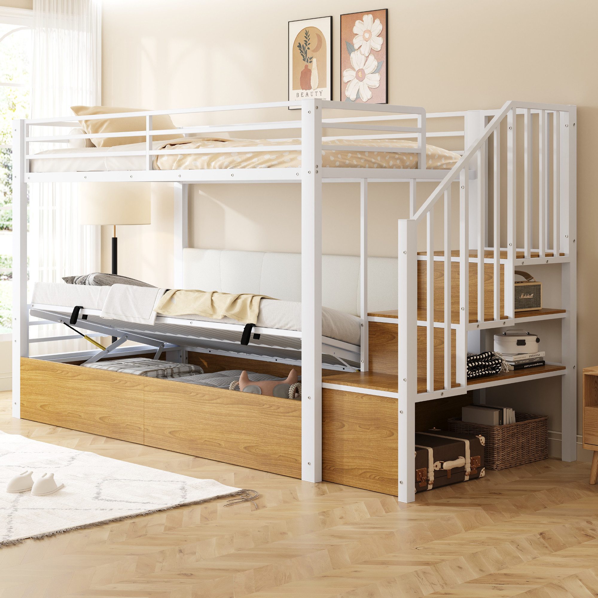 Flieks Etagenbett, Metallbett 90x200cm mit hydraulischem Unterbett und Stauraumtreppe