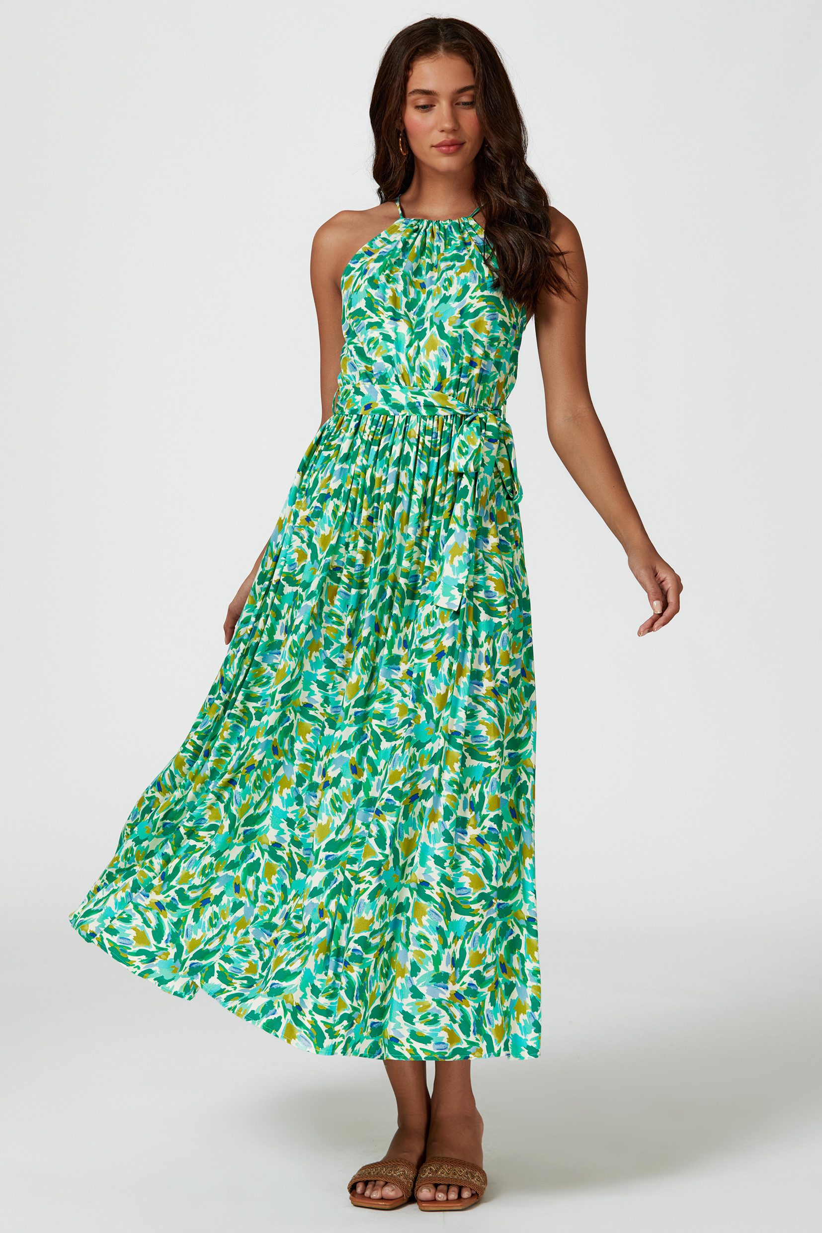 FS Collection Maxikleid Damen Maxikleid Sommerkleid Trägerkleid Ärmellos (XS (EU:36 / UK:8) · S (EU:38 / UK:10) · M (EU:40 / UK:12) · L (EU:42 / UK:14) · XL (EU:44 / UK:16), 5 Farben : Weiß-Pink, Pink, Grün, Marineblau, Offwhite-Grün) Bindegürtel, floraler Print, fließender Fall, Trägerdesign