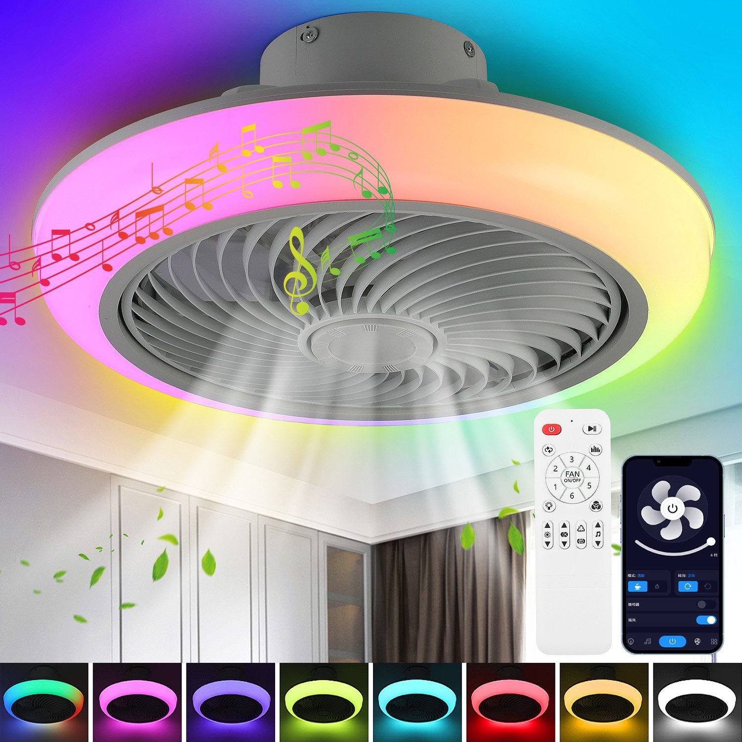 oyajia Deckenleuchte 50W RGB LED Deckenleuchte mit Bluetooth Lautsprecher, Deckenventilator, Luftzirkulationsfunktion, LED fest integriert, RGB Farbwechsel (3000~6500K), Dimmbar LED Deckenventilator Leuchte,für Schlafzimmer Küche Hotel