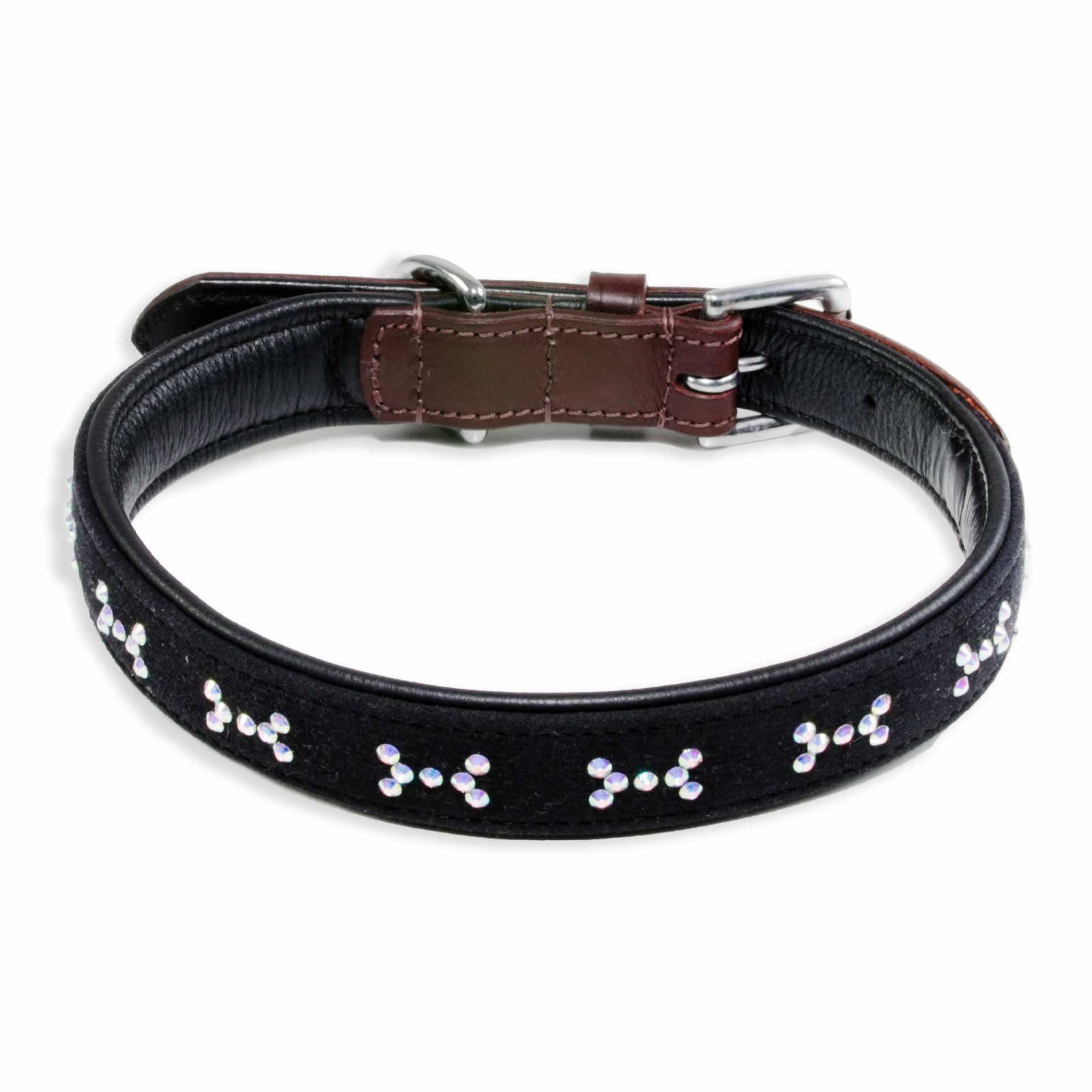 Monkimau Hunde-Halsband Hundehalsband Leder Halsband Hund braun schwarz mit Knochen Kristallen, Leder
