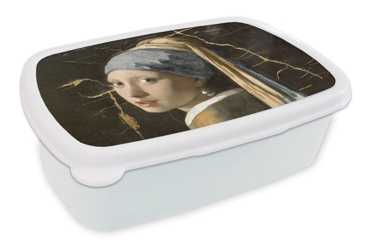 MuchoWow Lunchbox Mädchen mit Perlenohrring - Vermeer - Marmor, Kunststoff, (2-tlg), Brotbox für Kinder und Erwachsene, Brotdose, für Jungs und Mädchen weiß