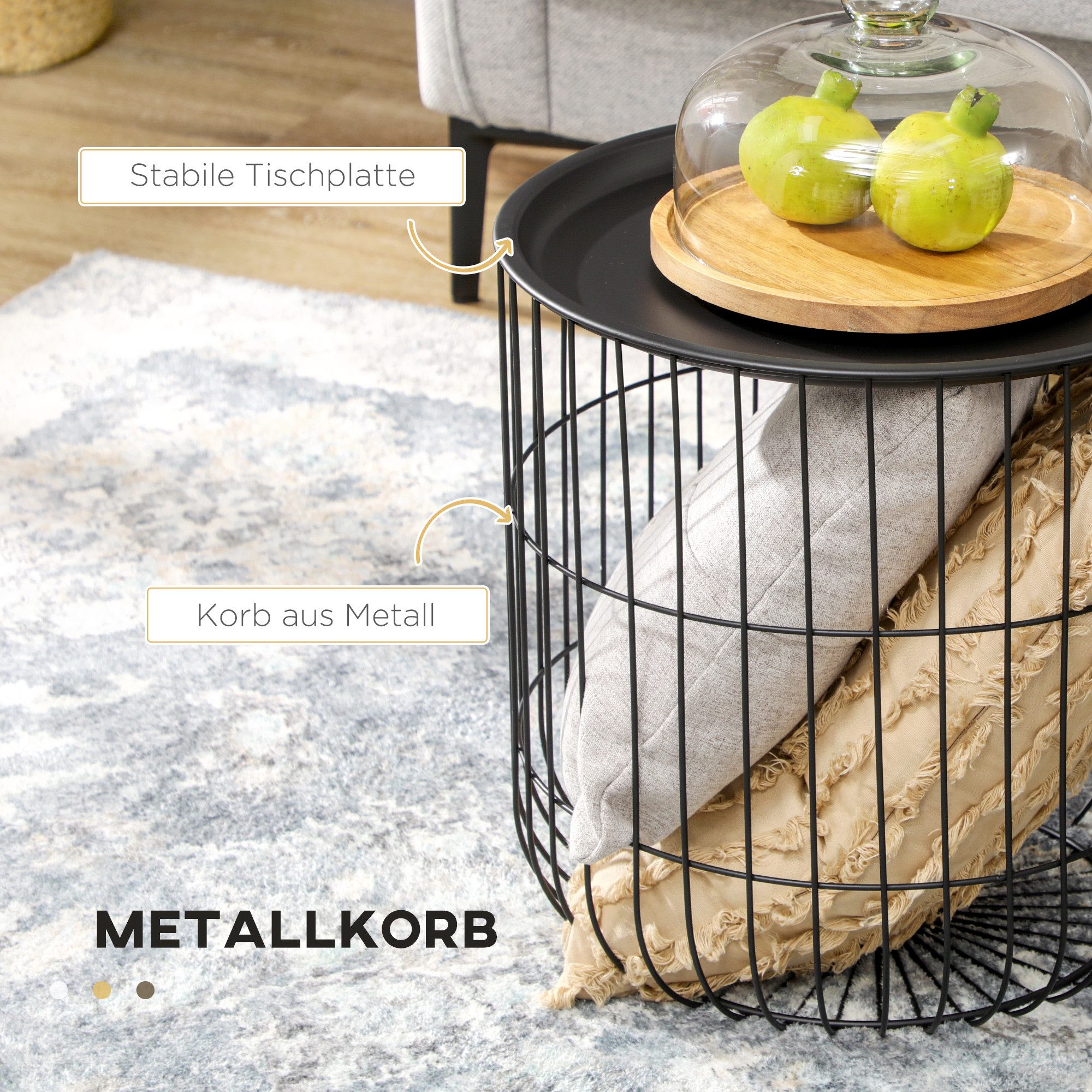 HOMCOM Couchtisch Runder Beistelltisch mit Stauraum, Skandidesign, Wohnzimmertisch (Sofatisch, 2-St., Kaffeetisch), für Wohnzimmer, Schlafzimmer, Stahl, Schwarz – Bild 5 von 5