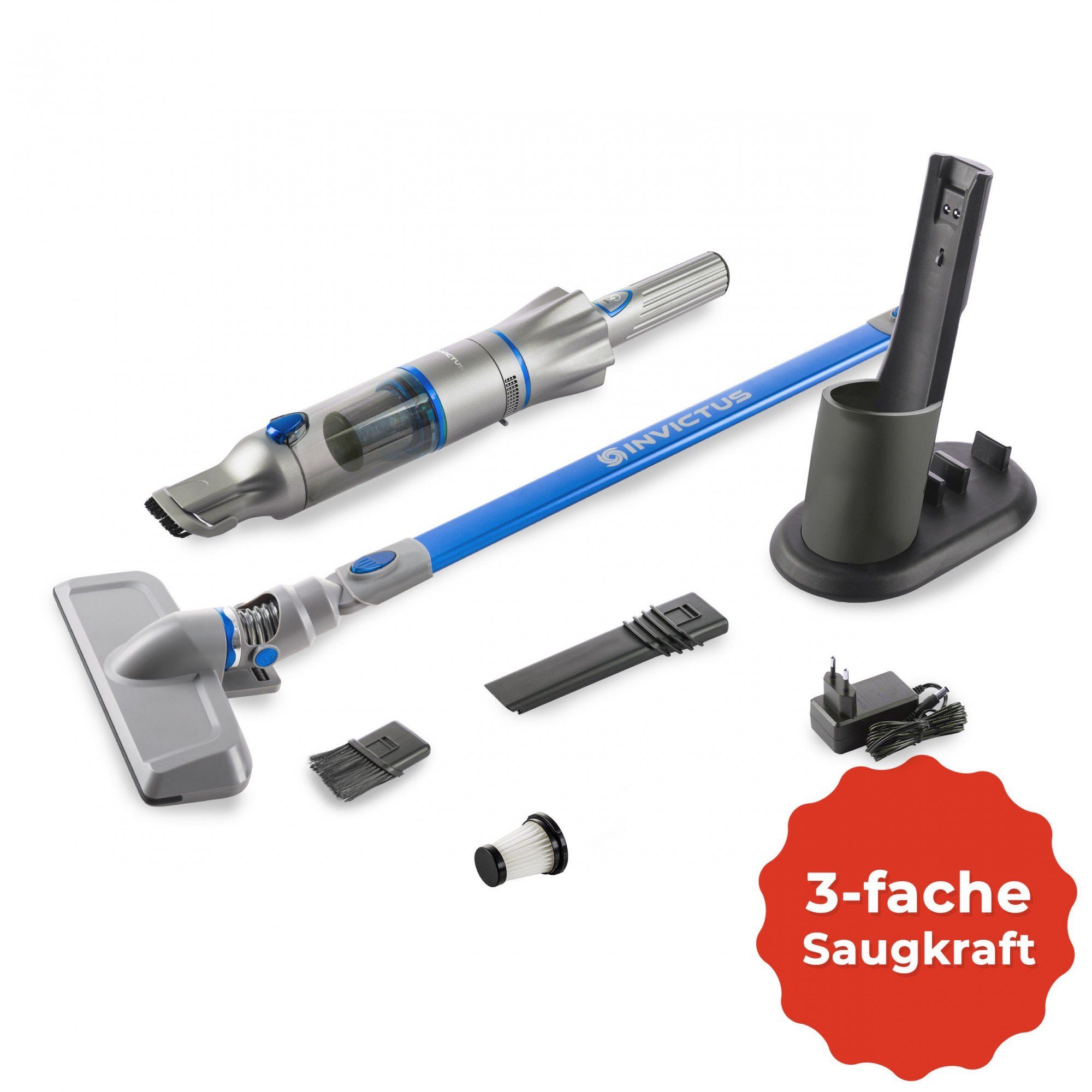 Genius Akku-Handstaubsauger INVICTUS ONE 2.0 Hand- und Bodenstaubsauger Set 12-tlg., beutellos, blau, beutellos, kabellos mit 13 kPA, Akku, Fugendüse, Bodendüse