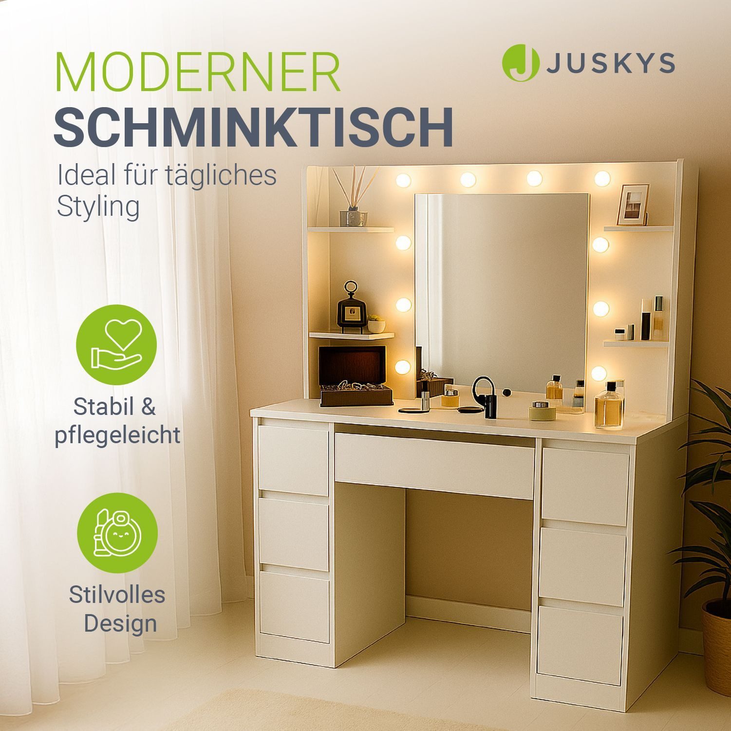 Juskys Schminktisch Malia, LED-Beleuchtung, 3 Helligkeitsstufen, günstig online kaufen