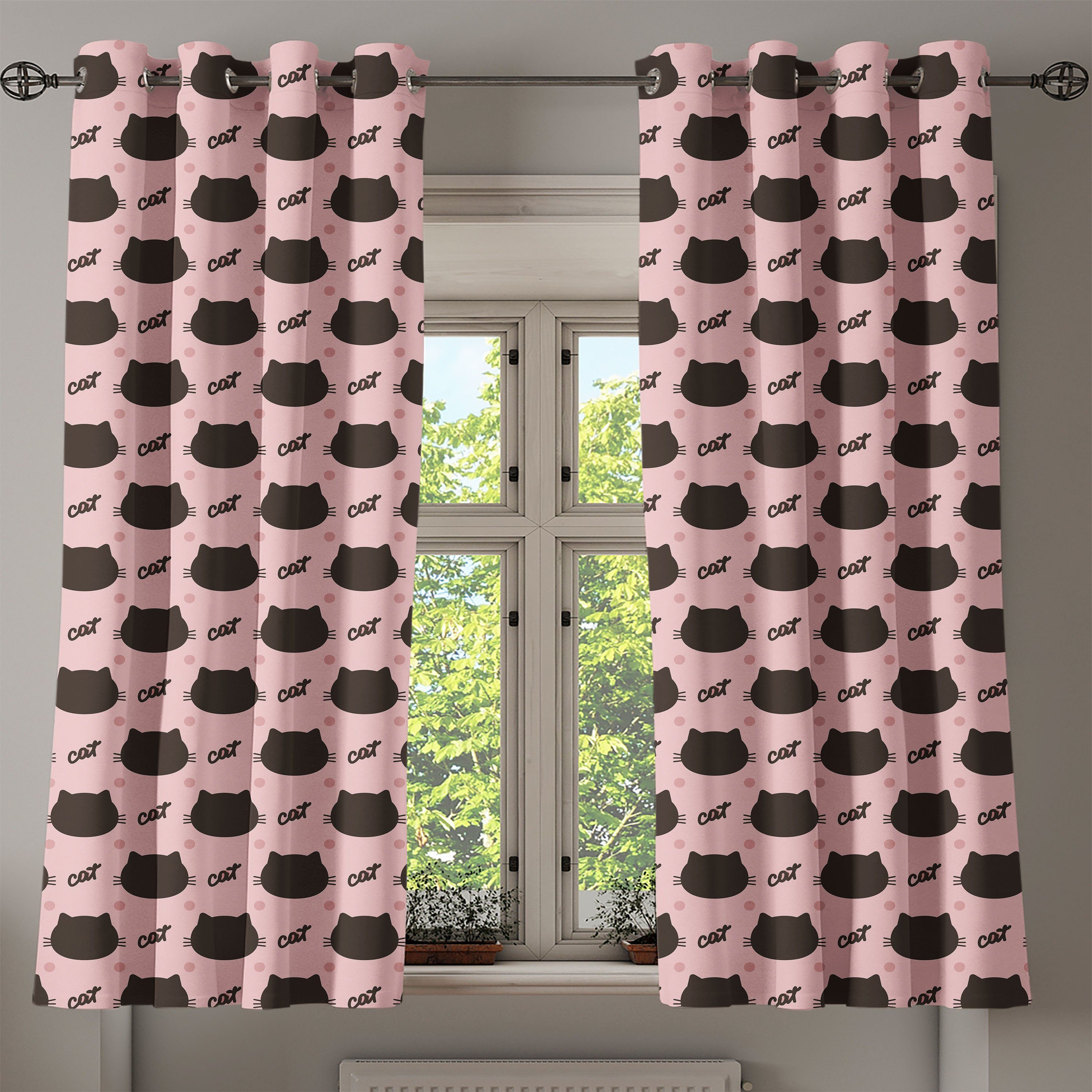 Wohnzimmer, Abakuhaus, für Schlafzimmer Dots Kopf Silhouetten 2-Panel-Fenstervorhänge Katze Gardine Dekorative Girly