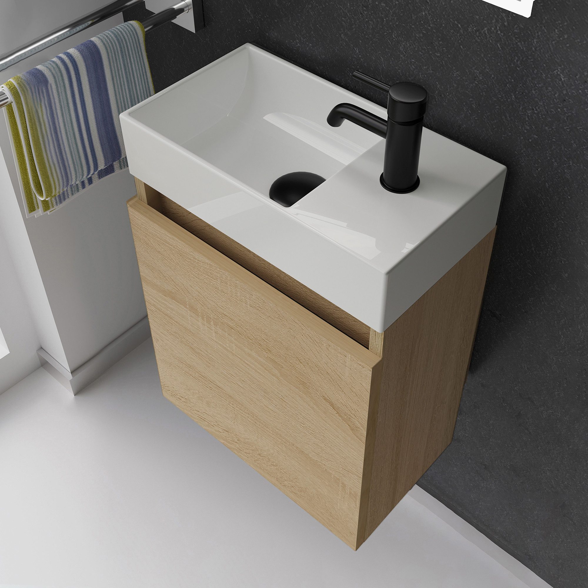 Alpenberger Badmöbel-Set Gäste WC Waschbecken mit Unterschrank - Badschrank Hängend, (2-tlg. Waschtisch Set Eiche Hell, Waschbeckenunterschrank mit Softclose), Waschplätze für Kleine Bäder - Badschrank Hängend und Vormontiert