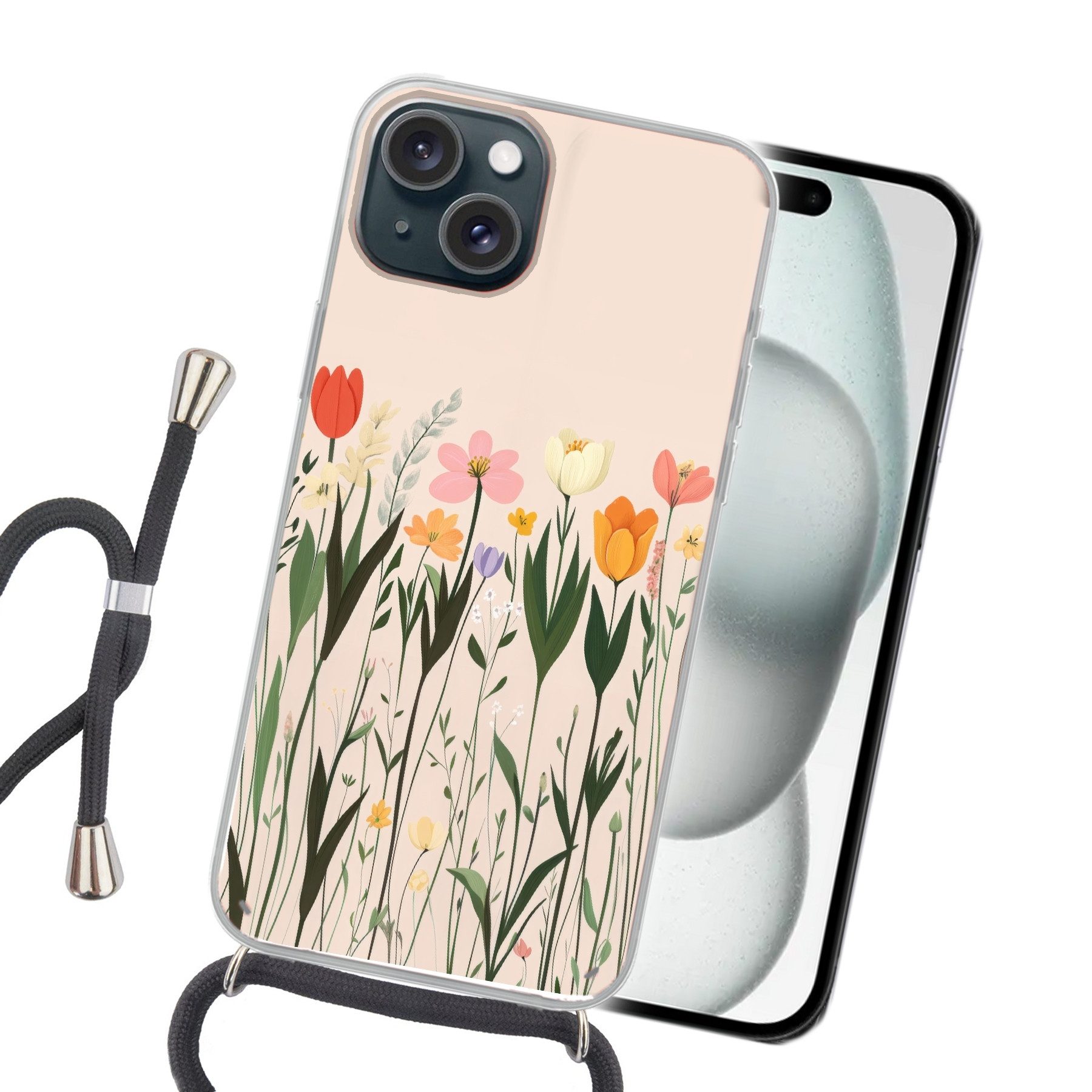 MuchoWow Handyhülle für Apple iPhone 15 Pastelltöne - Blumen - Illustration, Tragbare Handyhüllen mit Kette zum umhängen, Handykette Handyband