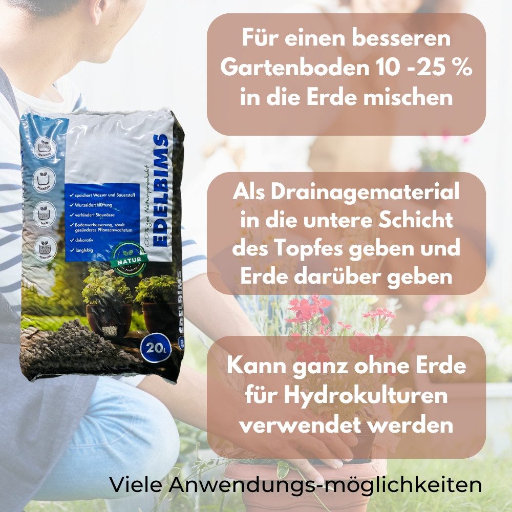 GarPet Pflanzgranulat Edelbims 20L 100% Natürlicher Bimsstein Bims Kies Drainage Substrat 8/16 mm