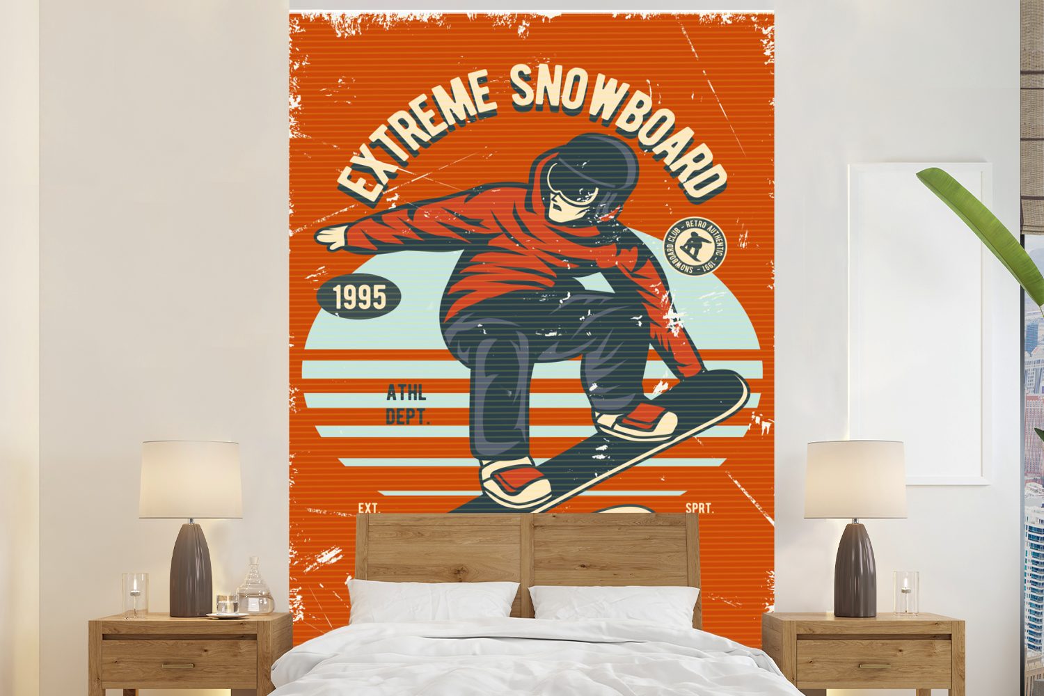 MuchoWow Fototapete Snowboard - Mann - Retro, Matt, bedruckt, (3 St), Montagefertig Vinyl Tapete für Wohnzimmer, Wandtapete