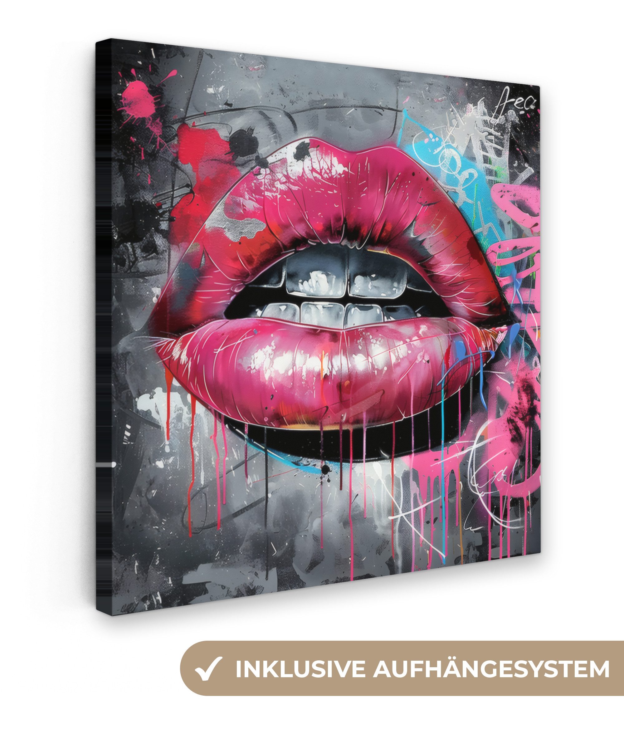 OneMillionCanvasses® Leinwandbild Lippen - Leuchtendes Rosa - Graffiti - Farbstreifen, Fotodruck (1 St), Wandbild, Deko Schlafzimmer Wohnzimmer Flur 20x20 cm