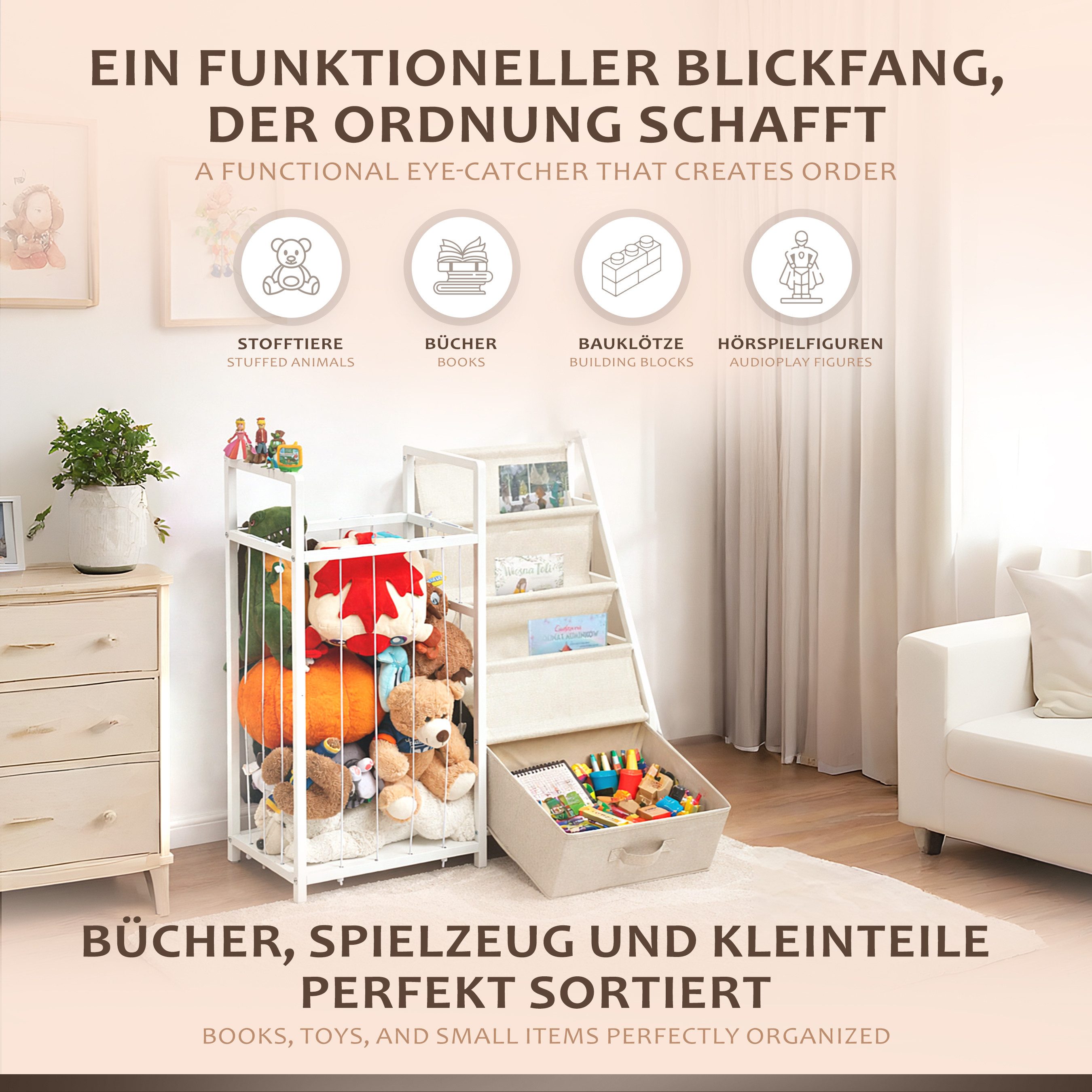 ONVAYA Kinderregal 4in1 Bücher-&Tonierregal, Kuscheltieraufbewahrung & Spielzeugorganizer, Maximale Belastbarkeit 14,5kg – Bild 2 von 5