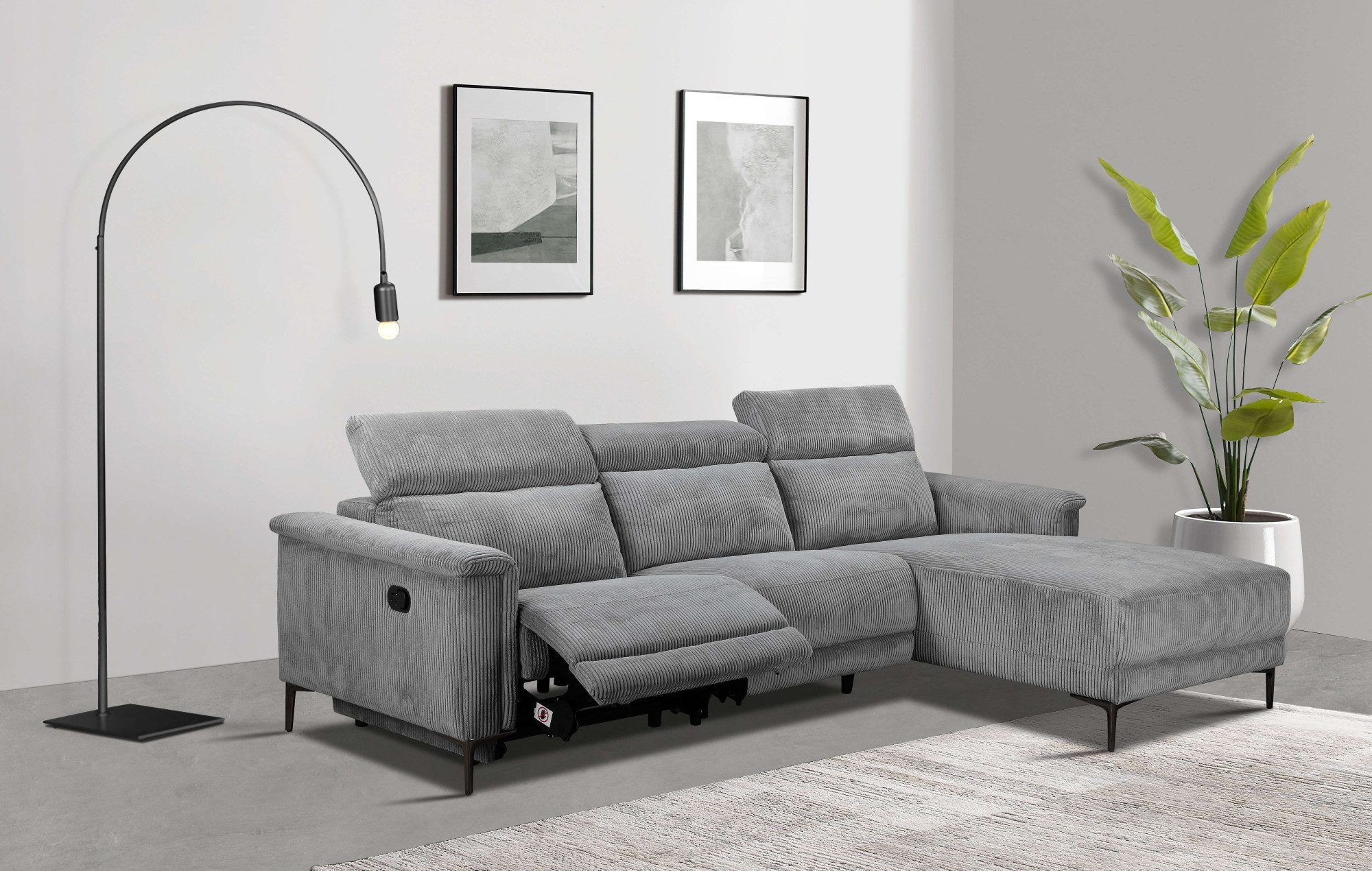 Places of Style Ecksofa Lund in Cord, L-Form, 261 cm, manuelle und elektr. Relaxfunktion, USB-A und Kopfteilverstellung