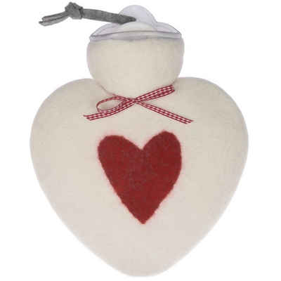 Dorothee Lehnen Wärmflasche mit Bezug aus 100% Merinowolle in Herzform; Herzwärmflasche Weiß Herzmotiv Bordeaux; Made in Germany
