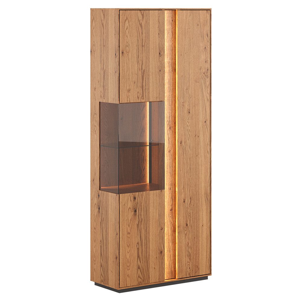 Lomadox Vitrine CARISOLO-163 84,5 cm breit in Eiche massiv geölt, montiert, inkl. LED-Beleuchtung