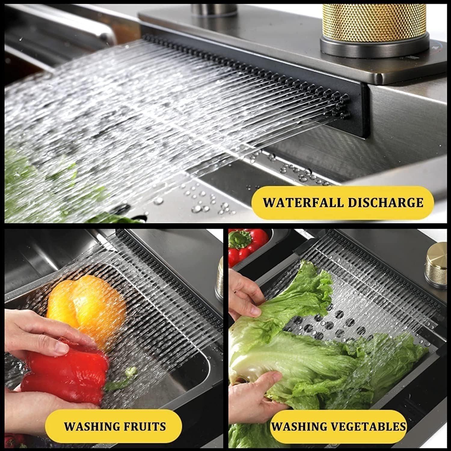 Faizee Home Stainless Steel Built-in Sink with Waterfall, Sound Insulation, 4-Outlet Faucet