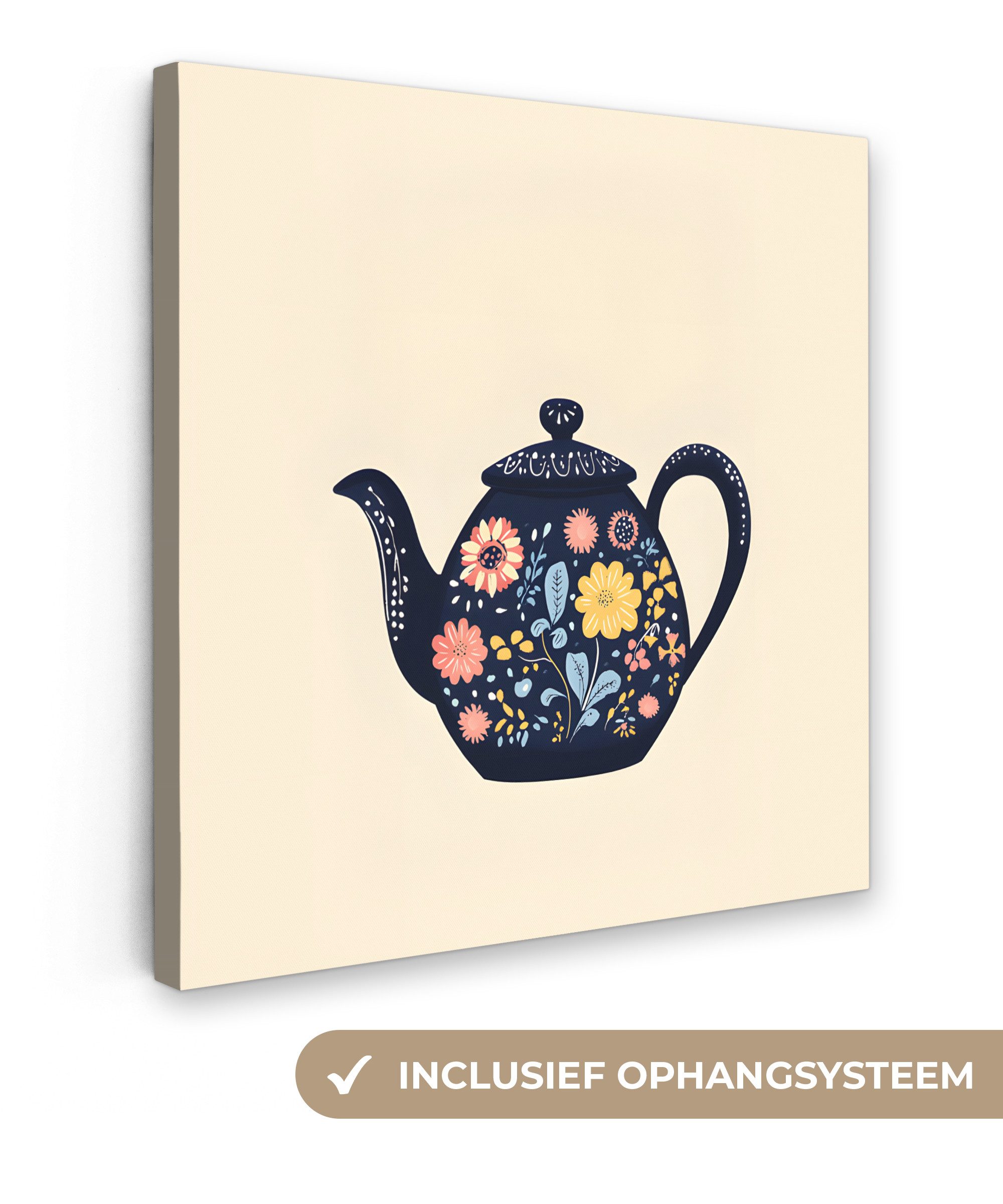 OneMillionCanvasses® Leinwandbild Teekanne - Bunt - Blumen, Fotodruck (1 St), Wandbild, Deko Schlafzimmer Wohnzimmer Flur 20x20 cm