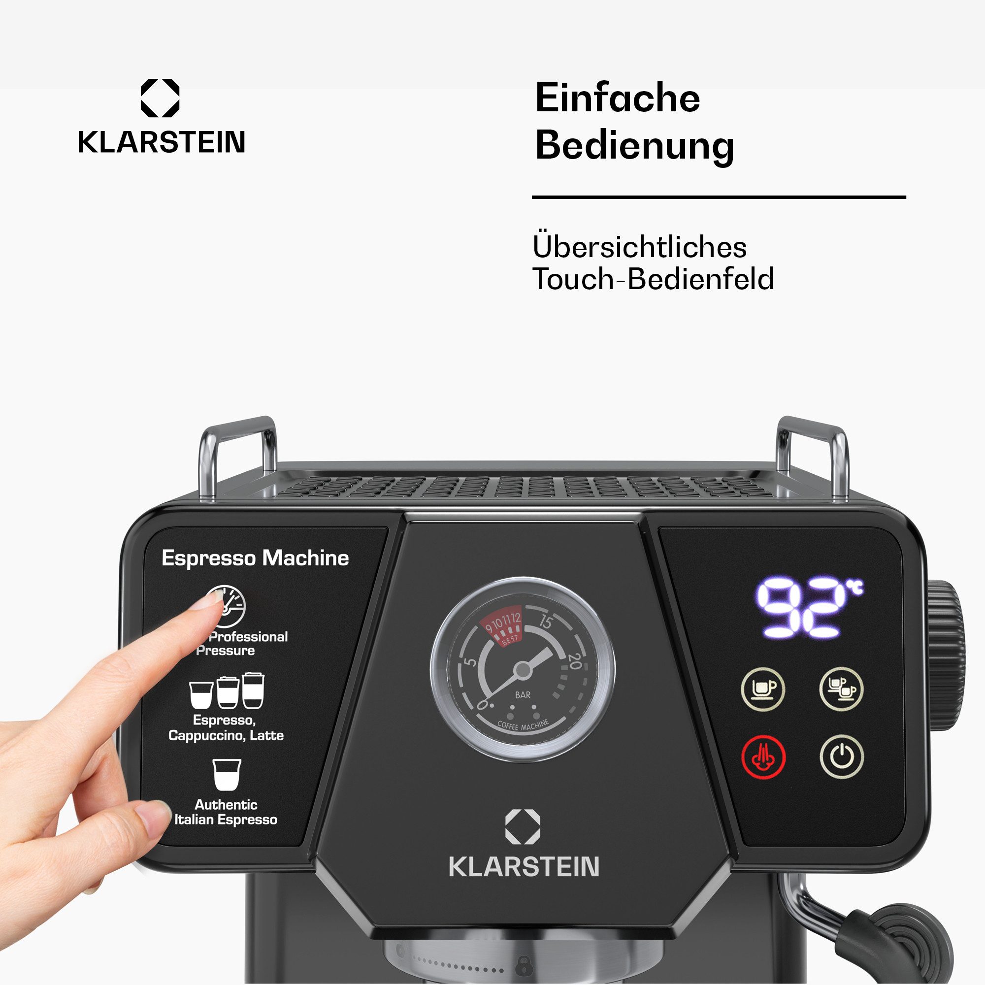 Klarstein Filterkaffeemaschine, 1.8l Kaffeekanne, Edelstahl-Siebträger, Elektrisch 19 Bar Espressomaschine Kaffemaschine Touch