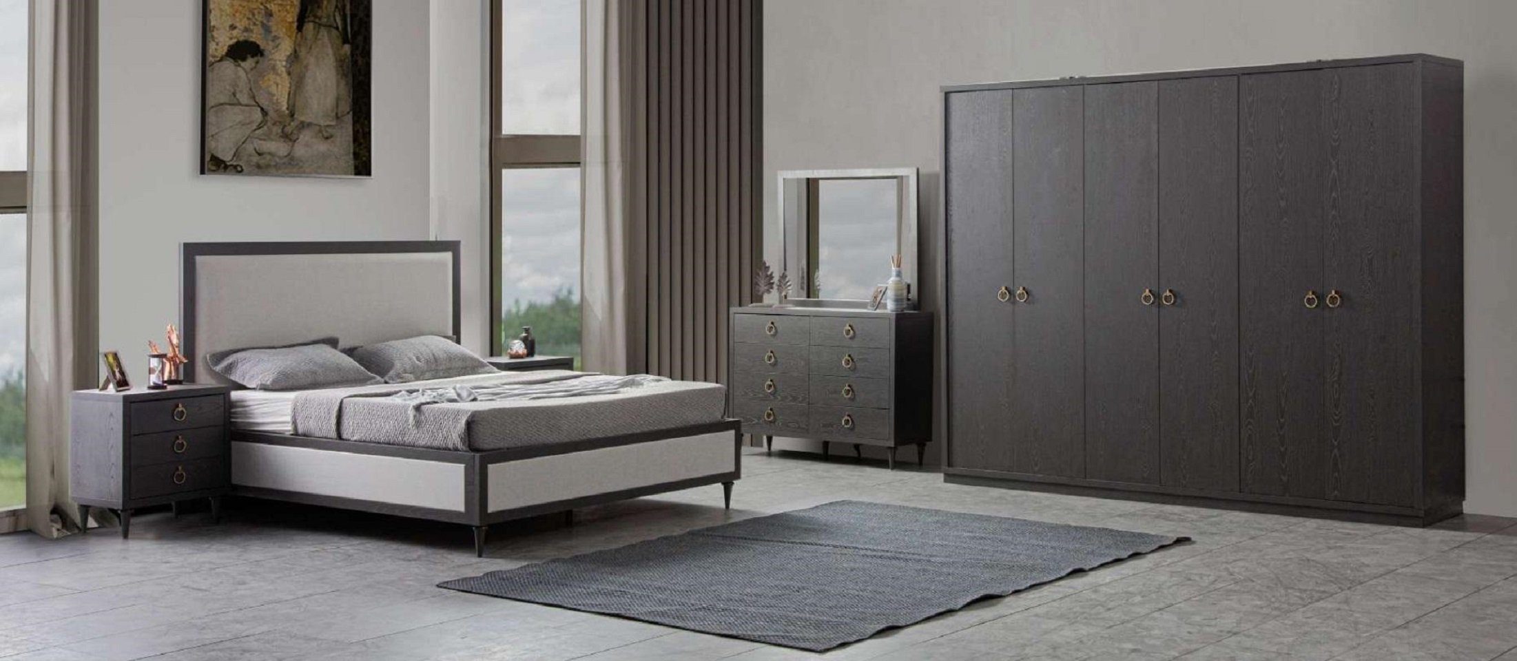 JVmoebel Schlafzimmer-Set Modern Schlafzimmer Set Luxus Bett 2x Nachttische Schminktisch Neu, (5-St., Bett + 2x Nachttische + Kleiderschrank + Schminktisch), Made in Europe