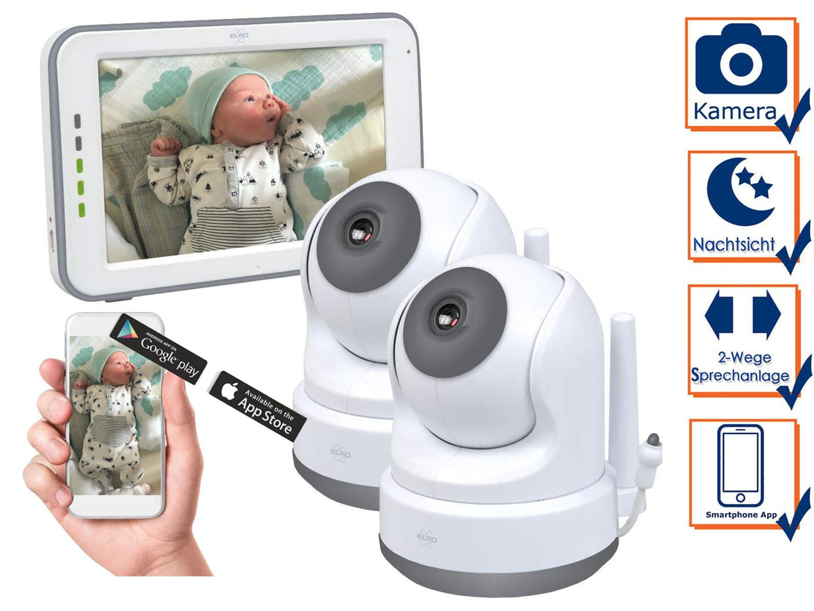 Elro Video-Babyphone, Nachtlichtfunktion & 3 Schlaflieder, Baby Cam mit  Kameras für 2 Kinder - Monitor und Handy App, Smart Babyphone für 2 Kinder  mit Video Kamera, Monitor & App