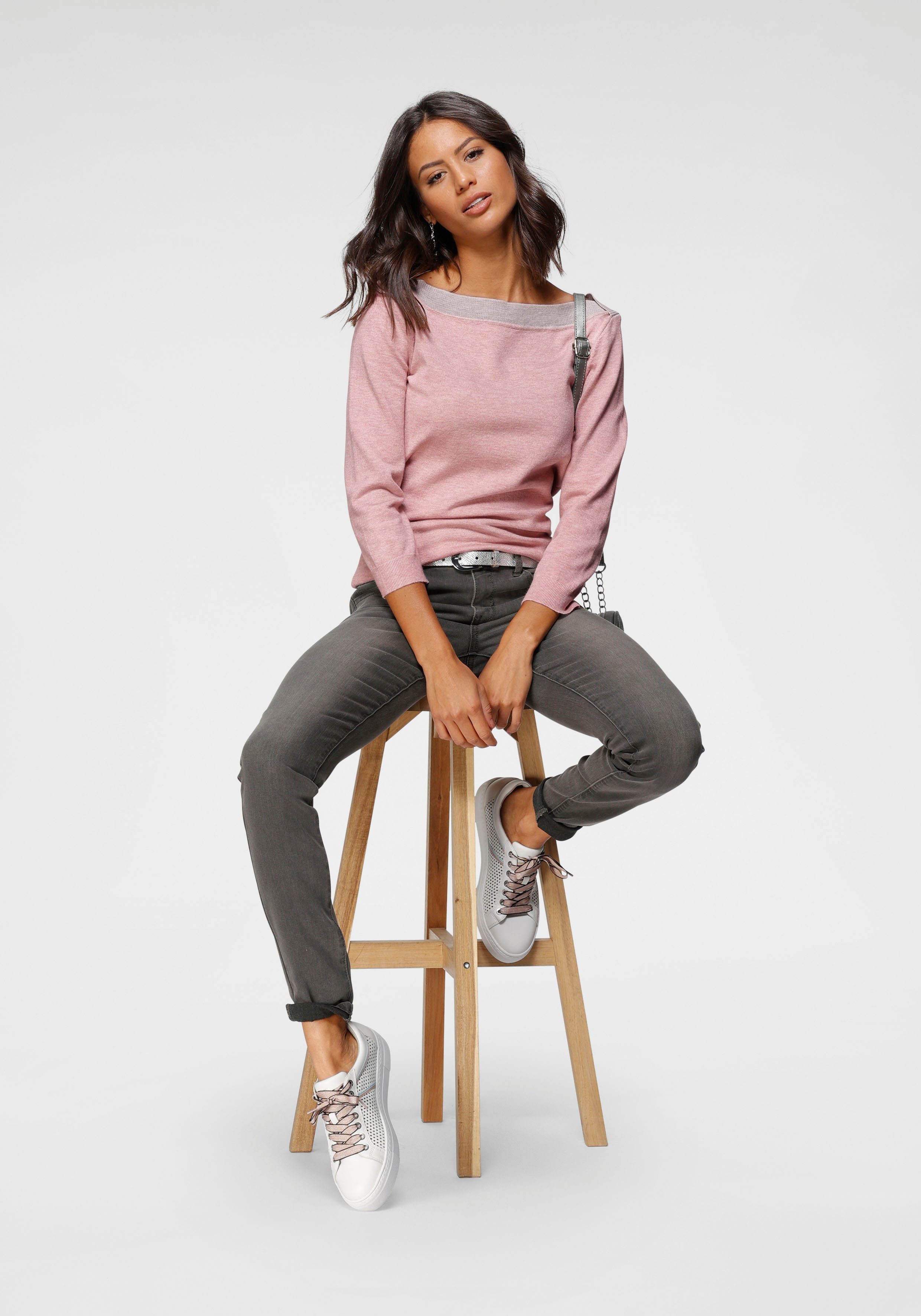 Laura Scott Strickpullover mit farblich fein abgesetzten U-Boot Ausschnitt