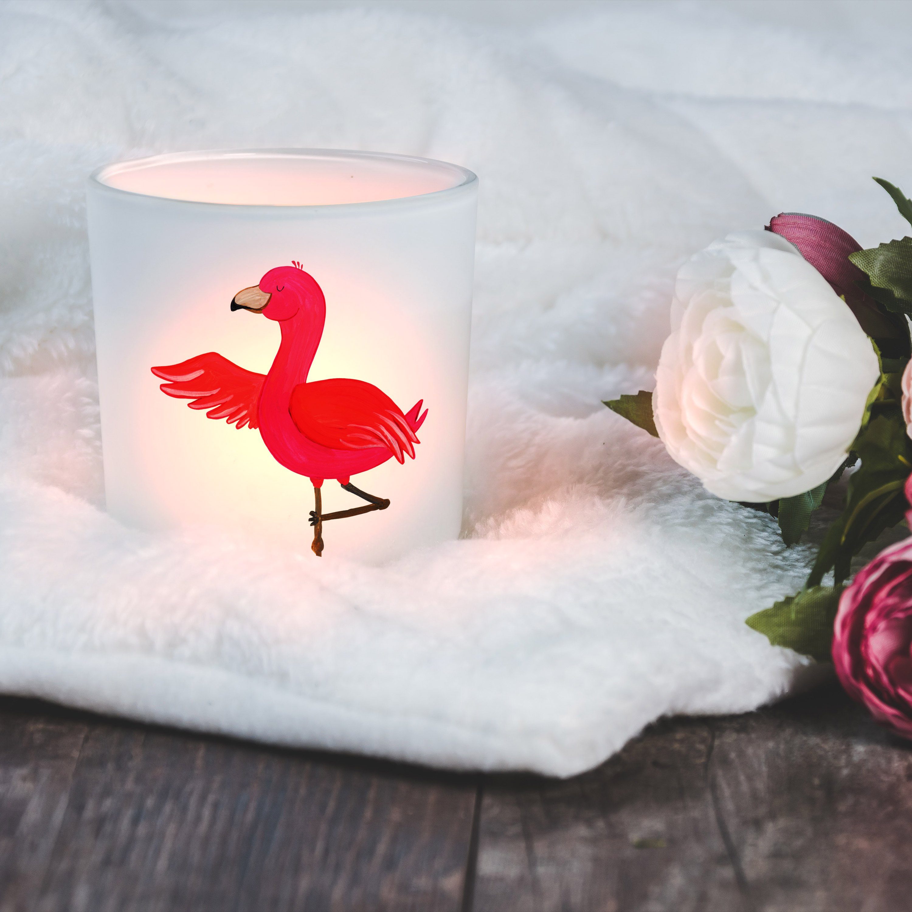 Flamingo Mrs. Ärger, Mr. Transparent Windlicht - Geschenk, (1 Windlicht Panda - Yoga-Übung, St) Yoga &