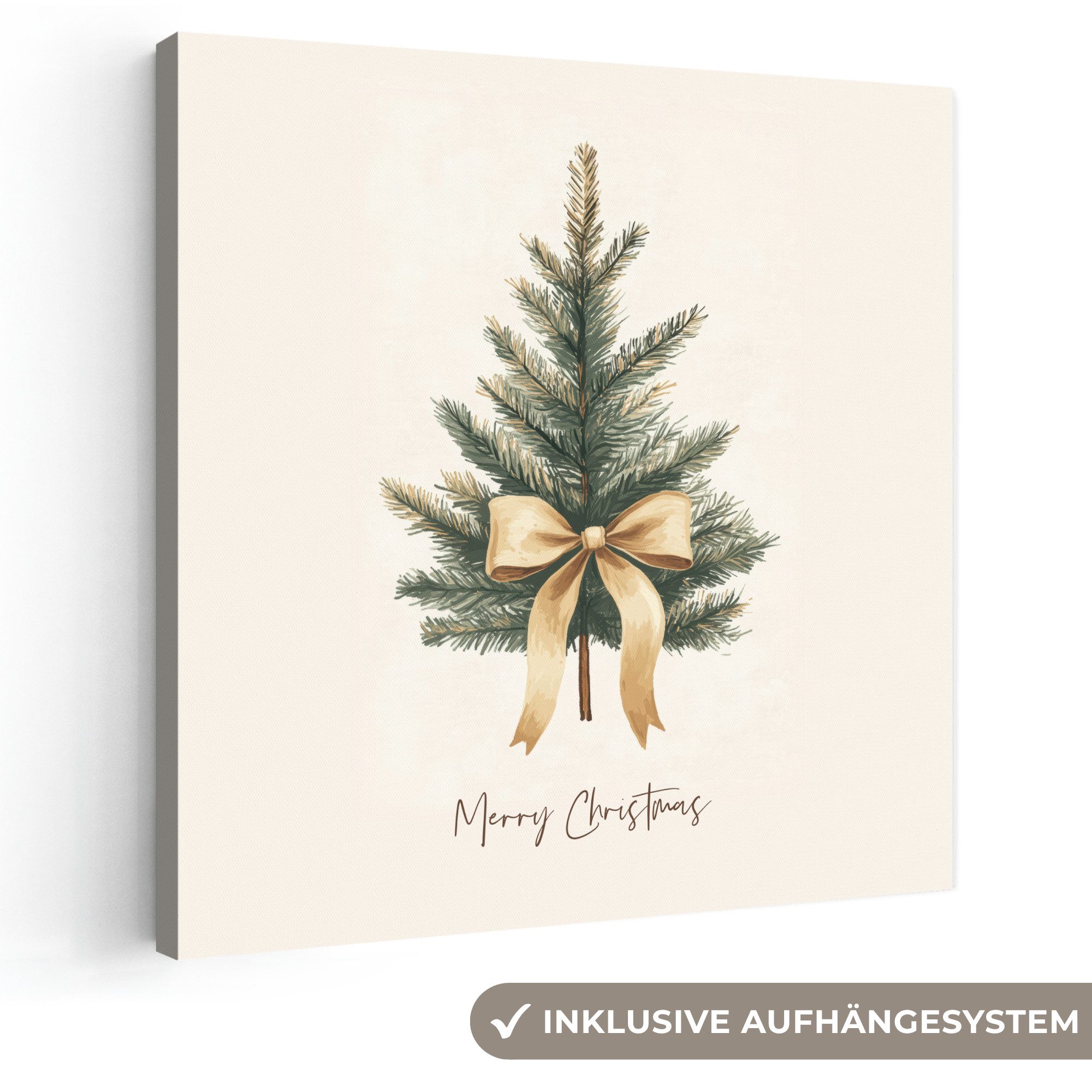 OneMillionCanvasses® Leinwandbild Weihnachtsbaum - Weihnachten - Frohe Weihnachten - Beige, Fotodruck (1 St), Wandbild, Deko Schlafzimmer Wohnzimmer Flur 20x20 cm