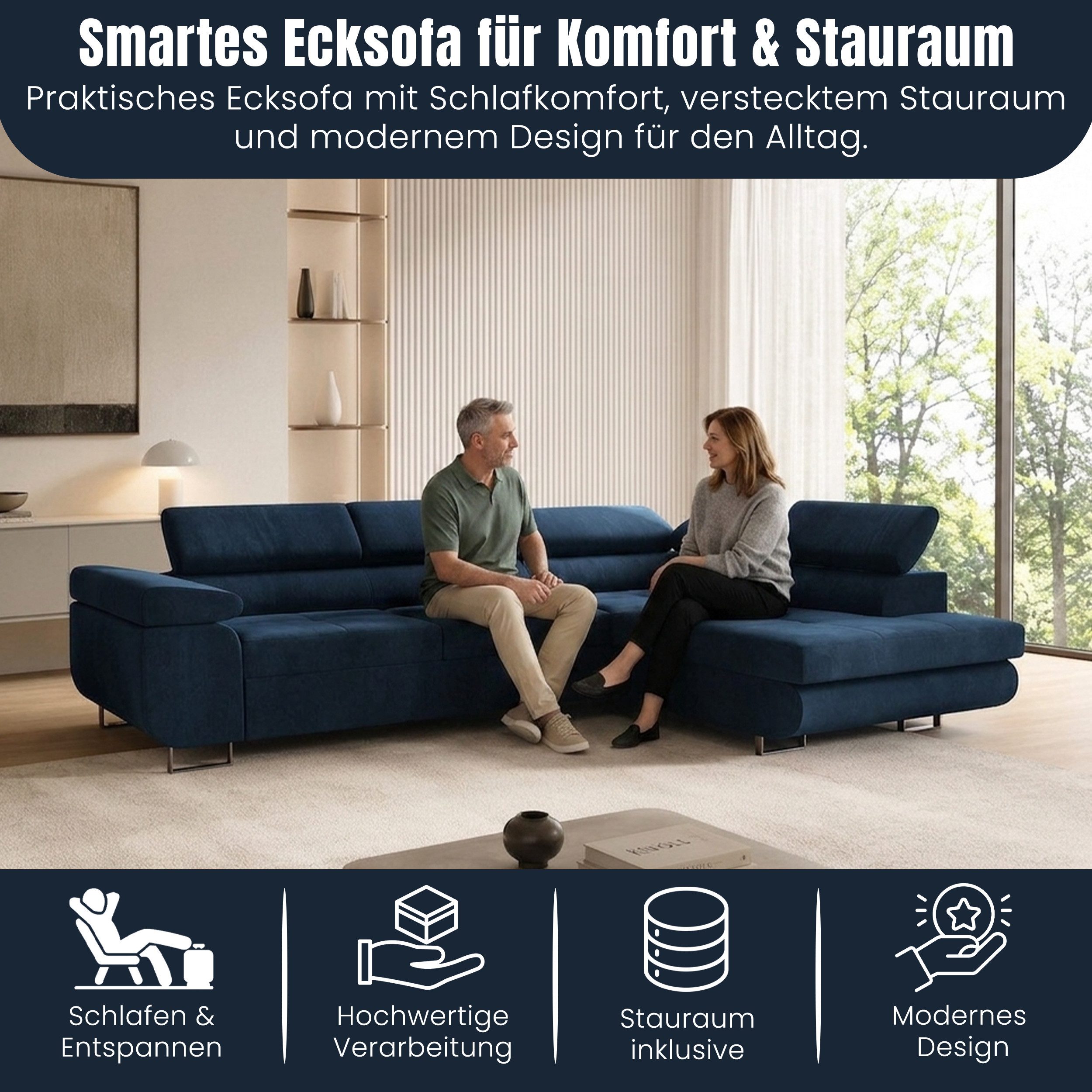 Goldstoff Ecksofa mit Schlaffunktion - Designersofa, Sofa mit Bettfunktion & Bettkasten, Schlafsofa RIVIA, multifunktionale Couch mit verstellbaren Kopfstützen in blau