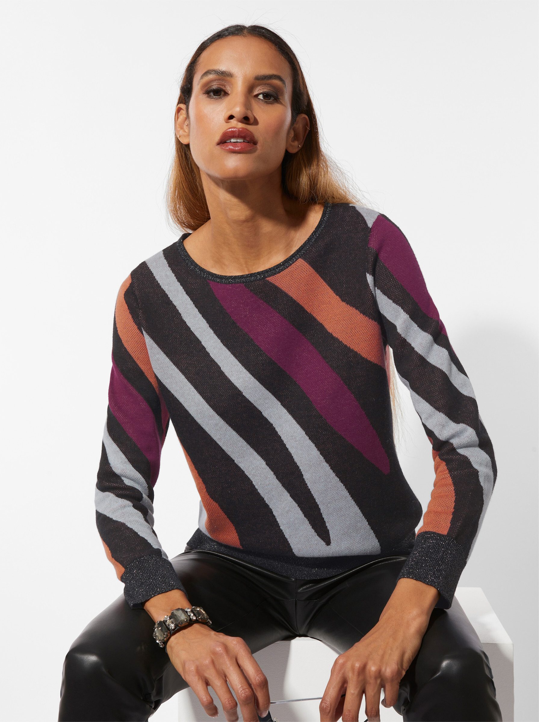 creation L Strickpullover Leinen-Mix-Jacquard-Pullover Langarm