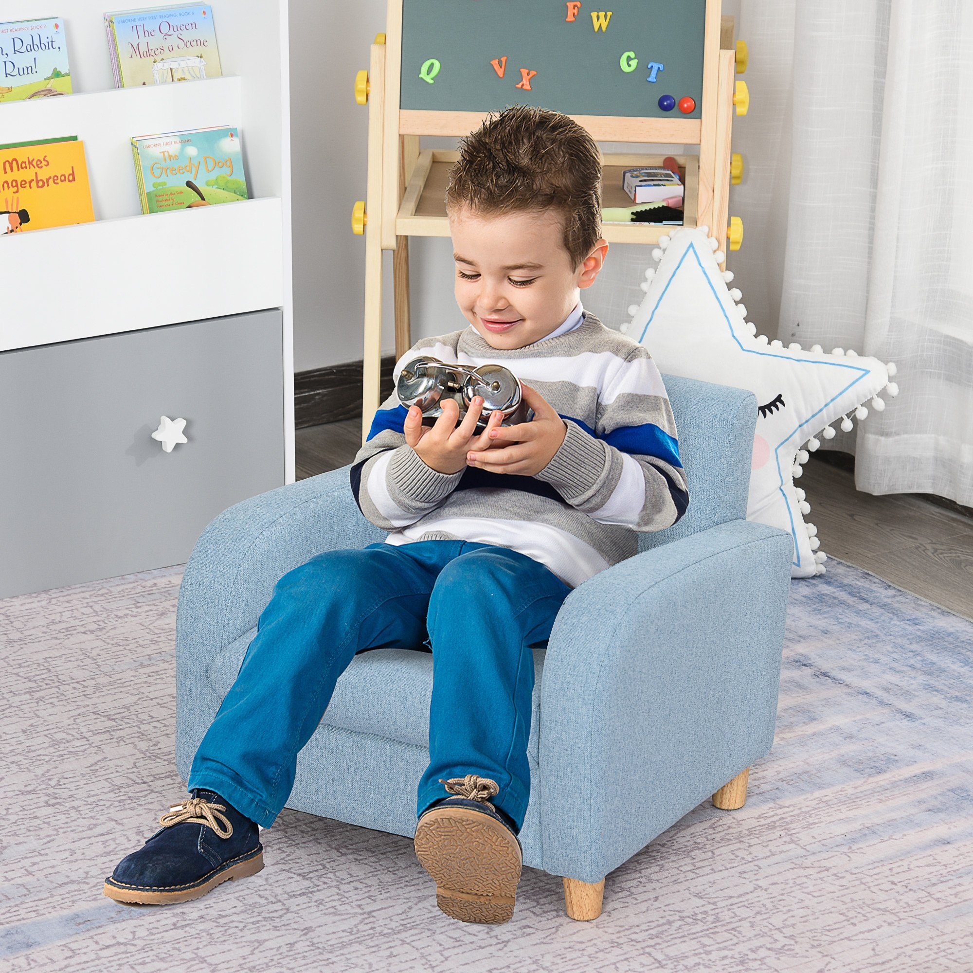 HOMCOM Sessel Kindersofa (Set, Jahre und 44.5H Schaumstoff Leinen Sitzkissen 3-5 für Kinder), x Holz 49L Schaumstoff x mit 1-St., Blau cm 45B