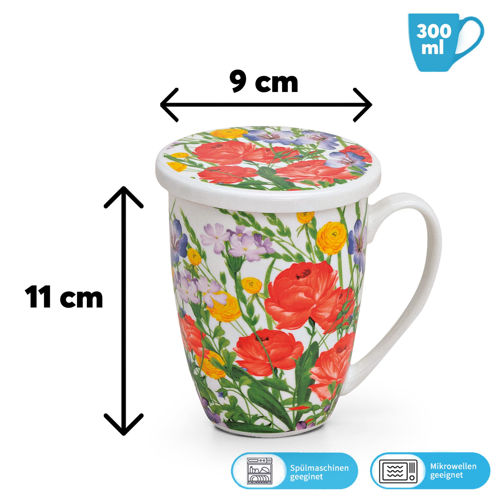 matches21 HOME & HOBBY Tasse Teetassen 2er Set mit Deckel und Teesieb Blumen Mohn, 2-tlg., Porzellan, Tee Kaffee-Becher Kaffeetassen, klassisch, bunt, 300 ml – Bild 4 von 5