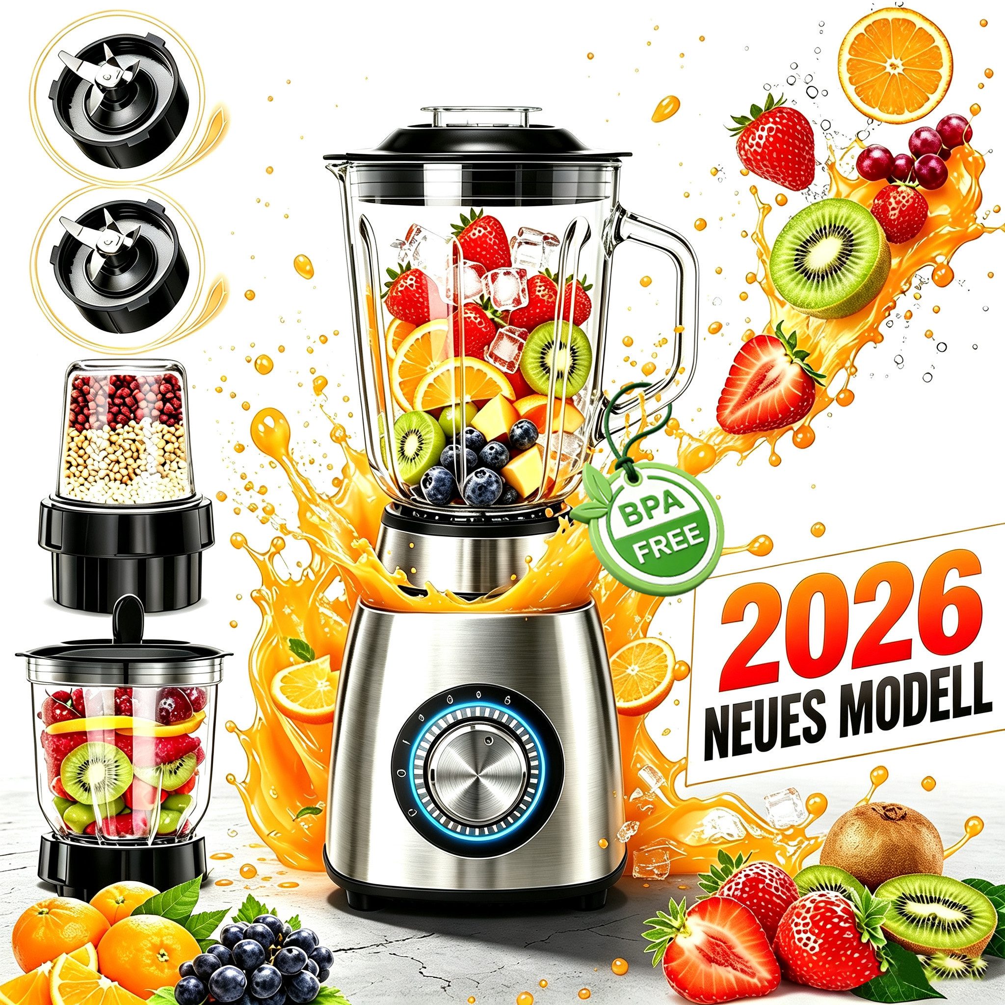Forrlite Standmixer 2026 Neu Standmixer,Smoothie Maker Maximalstufe 2000W,Glas VitaBoost, 2000 W, Edelstahl Milchshaker Blender 1,5 L,Eiscrusher,6-Klingen für Ice Püree