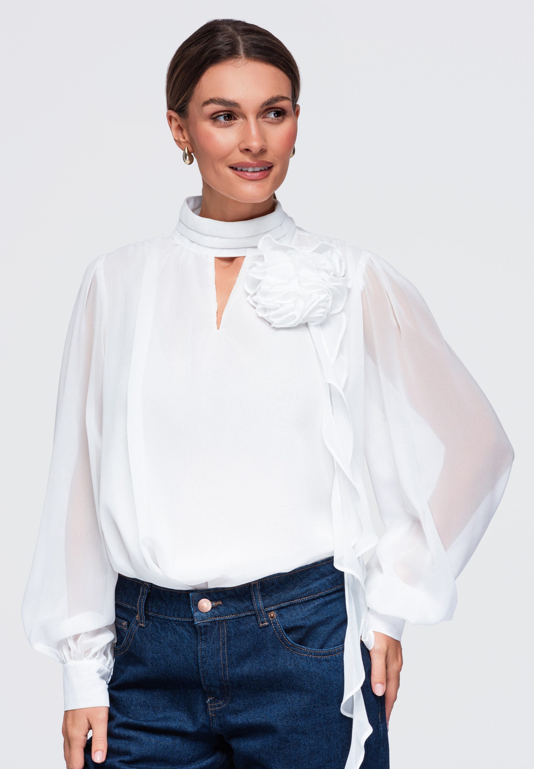 OMBRE Hemdbluse Damen Bluse mit Stehkragen und floralem Detail Weiß M (kein Set, 1-tlg) in Unifarbe