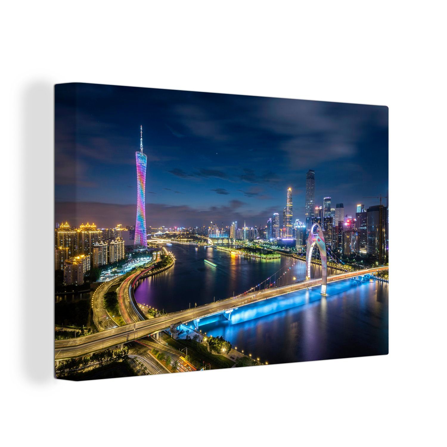 Ein Leinwandbilder, Wanddeko, 30x20 OneMillionCanvasses® Sonnenuntergang Wandbild cm Guangzhou, Leinwandbild Aufhängefertig, St), in schöner (1