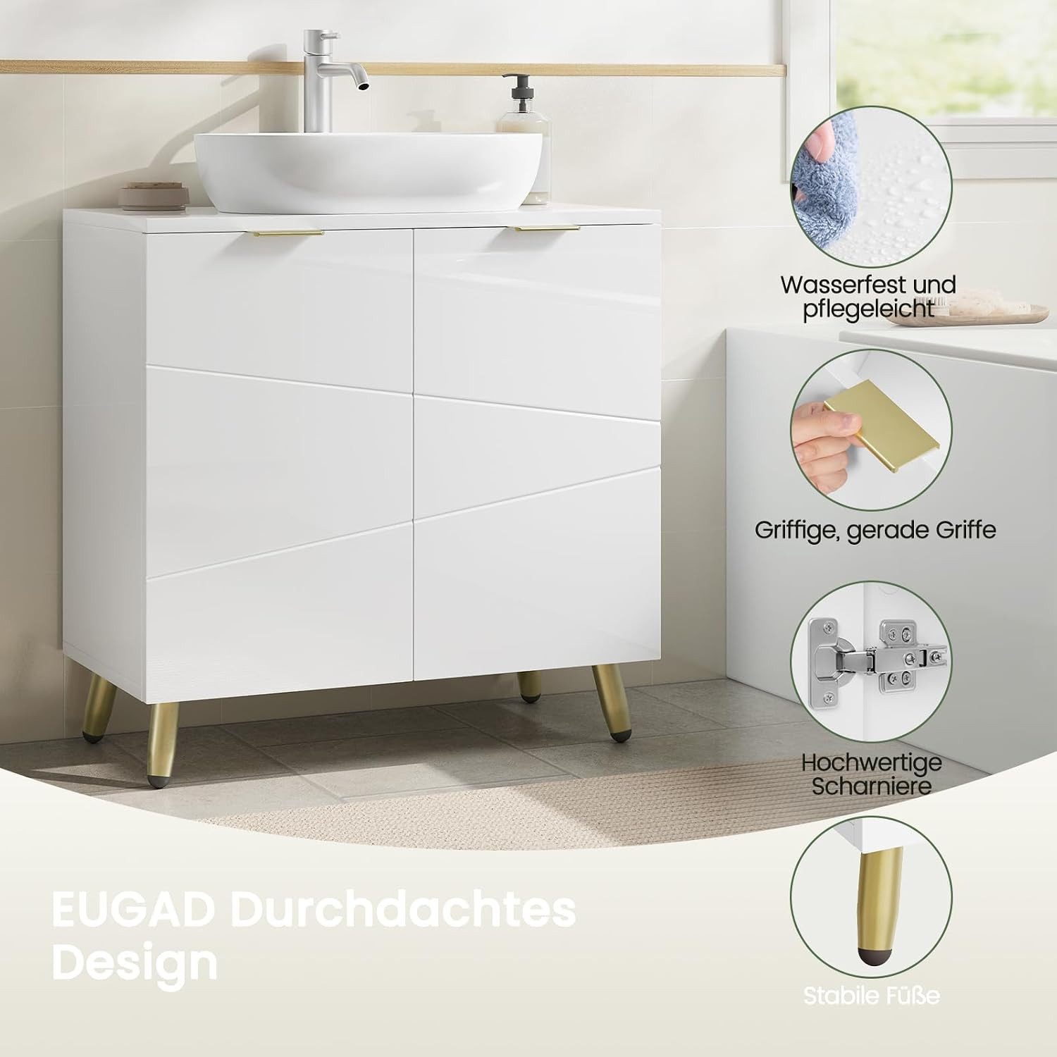 EUGAD Waschbeckenunterschrank (1-St) Badezimmerschrank mit 2 Türen, 60x60x30 cm – Bild 5 von 5