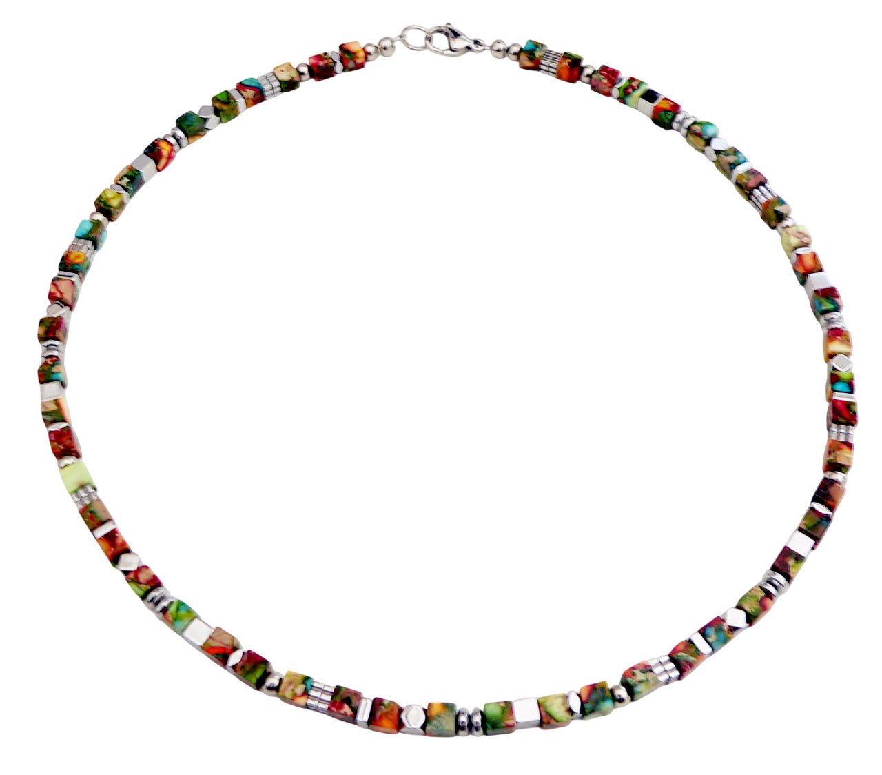 traumschmuck Collier 410p Halskette Würfel Cube Edelstein Sediment Jaspis bunt Hämatit, handgefertigt, Made in Germany