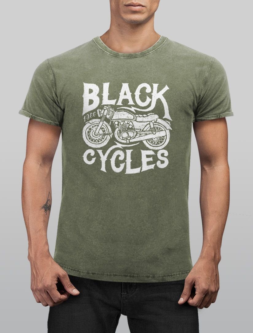 Neverless® Slim Fit mit Biker Motorrad Washed Retro Herren Vintage oliv Print-Shirt Neverless T-Shirt Print