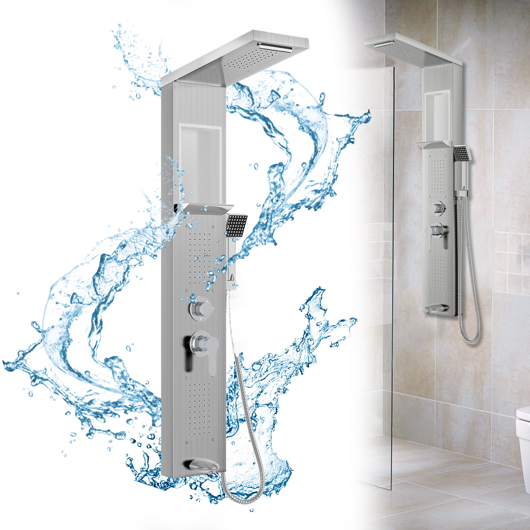 FIVMEN Duschsystem Duschpaneel aus Edelstahl mit Ablage und Armatur Duschsäule Duschset, 5 Duschmodi Massagedusche, Wasserfalldusche, Handbrause Duschset