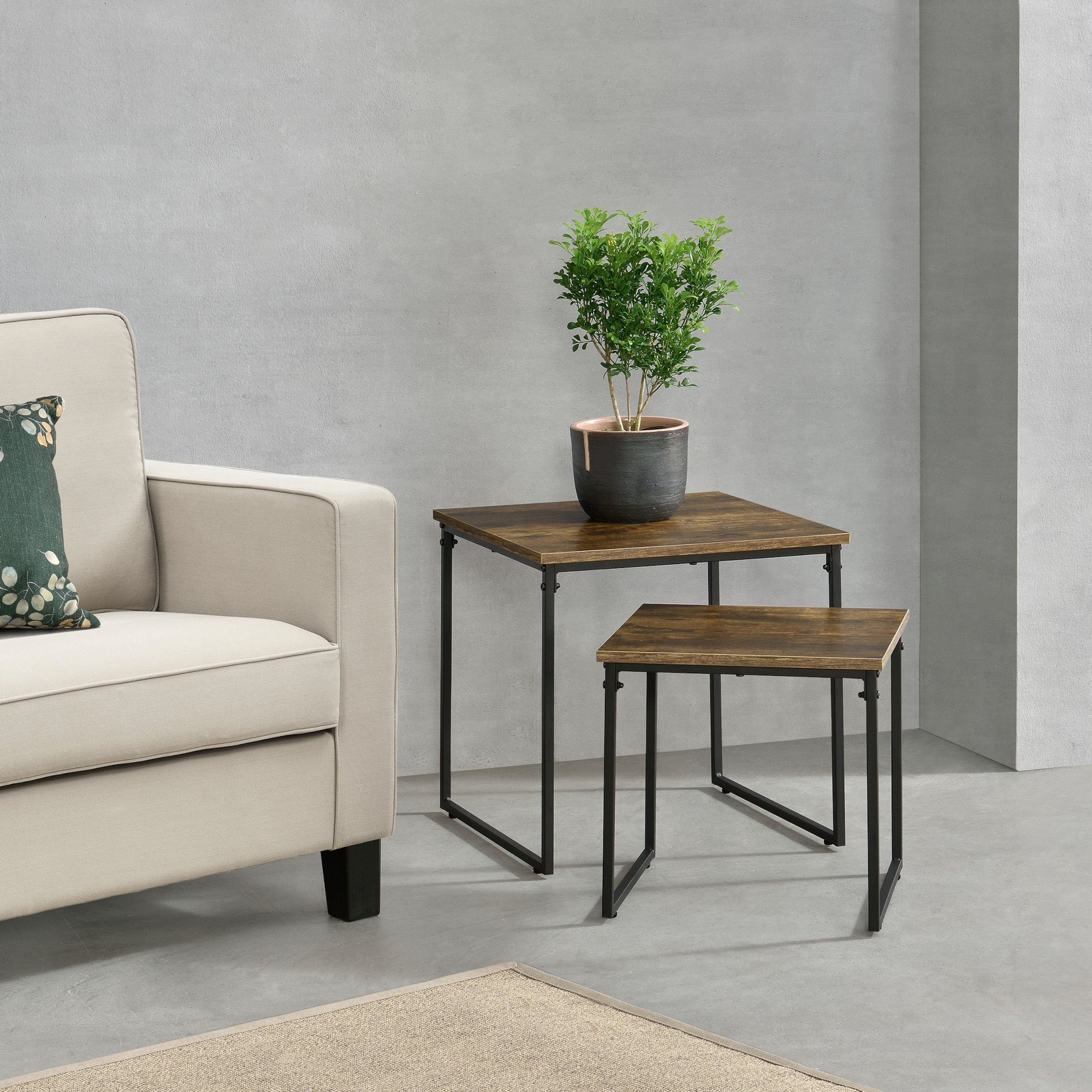 en.casa Beistelltisch (2er-Set), Töreboda 2er Set Sofatisch Dunkler Holzton