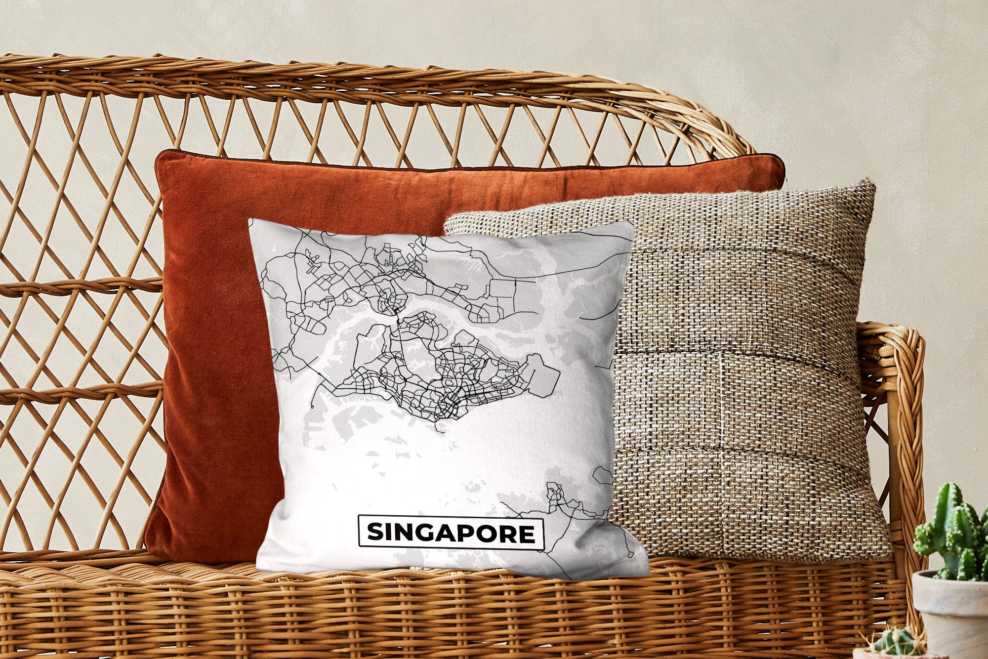 MuchoWow Dekokissen Singapur - Deko, Wohzimmer, und Stadtplan Schwarz für Zierkissen Füllung Karte - - - mit Karte, Sofakissen Schlafzimmer, weiß