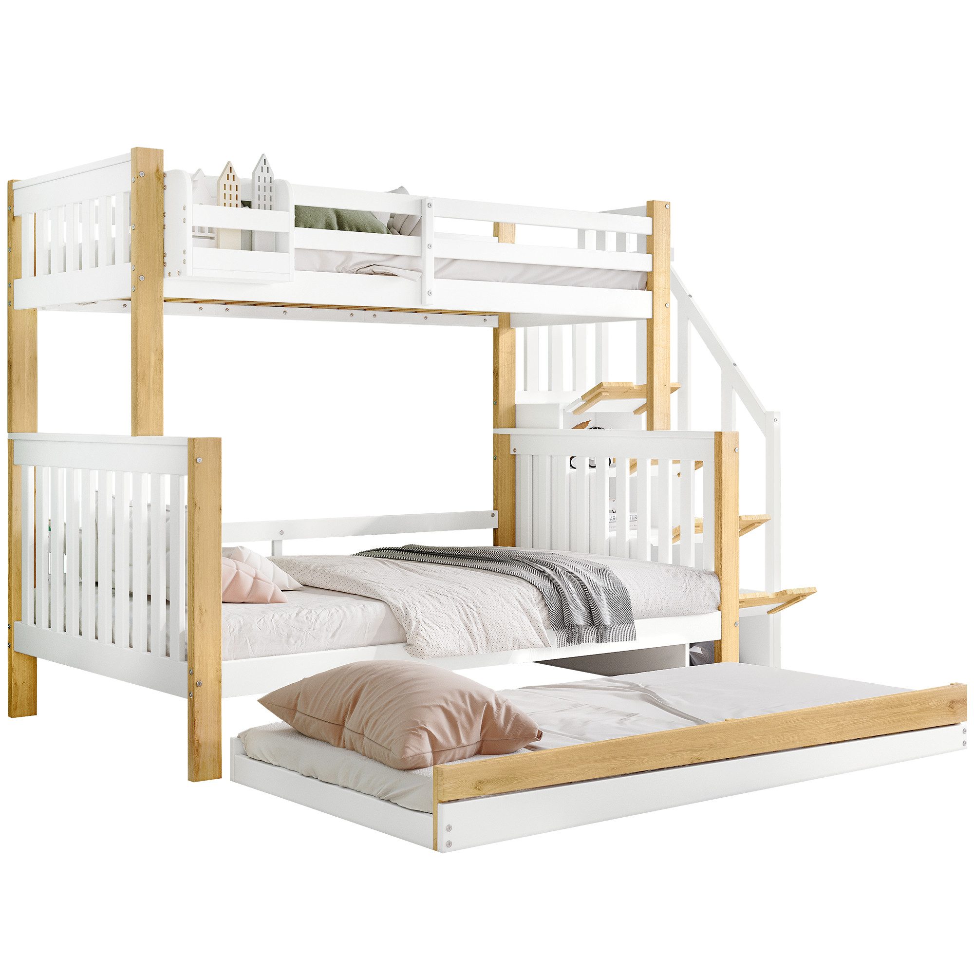 OKWISH Etagenbett Etagenbett, mit Rollbett, mit drei Bettpositionen (Etagenbett mit Rollbett, Ecktreppe & Stauraum – Kinderbett mit Fallschutz, 3 Bettpositionen, Kinderbett,Stauraumbett mit Gitter, Etagenbett), ohne Matratze