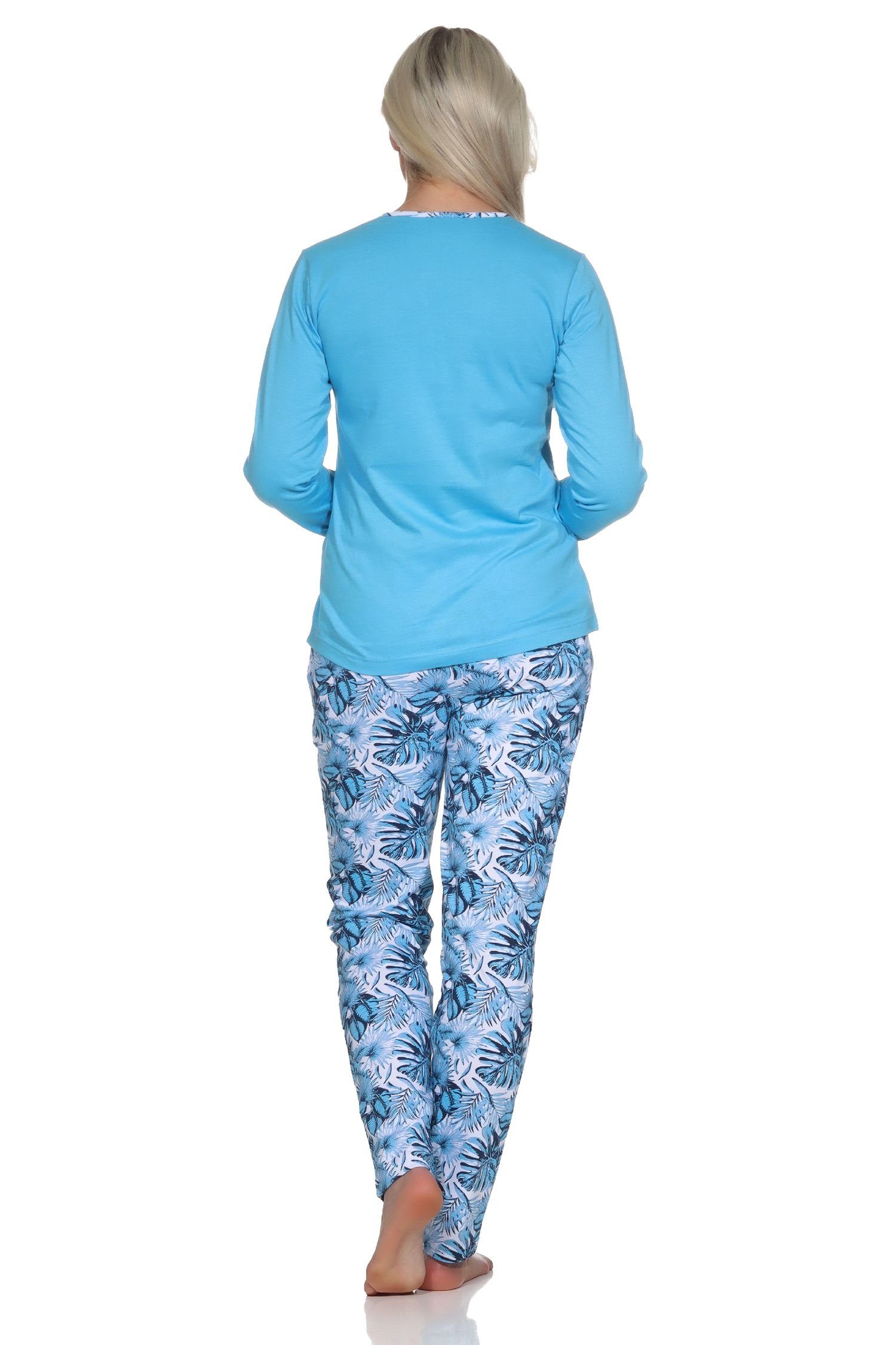 in Hose in mit - Normann blau Übergrößen floralem Damen Pyjama Print Schlafanzug auch