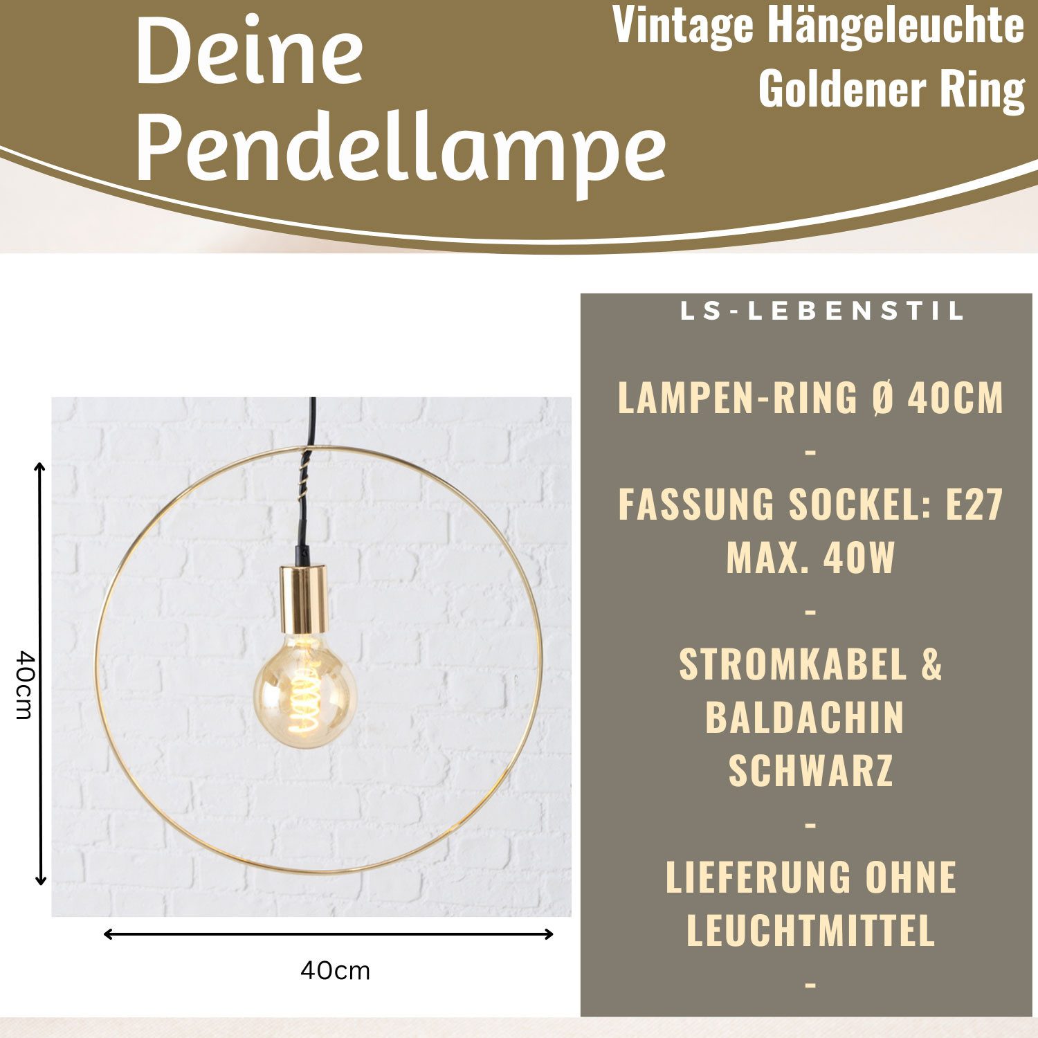 LS-LebenStil Pendelleuchte Deckenleuchte Ring Gold 40cm E27 Rund Hängelampe Hängeleuchte, Ein-/Ausschalter, E27, ohne Leuchtmittel, Deckenlampe - von der Decke hängend
