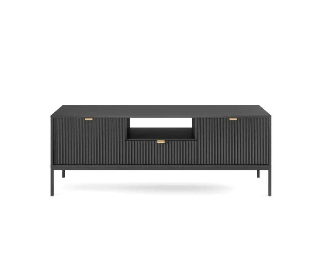 Deine Möbel 24 TV-Board NOVO RTV154 RTV-Schrank Fehrnseher Tisch Weiß Grau Schwarz (Set, 3 St., Wohnzimmer Goldene Griffe Weiß Grau Schwarz Gold), geriffelte Fronten 154 cm breit inkl. Schublade Regale Schränkchen