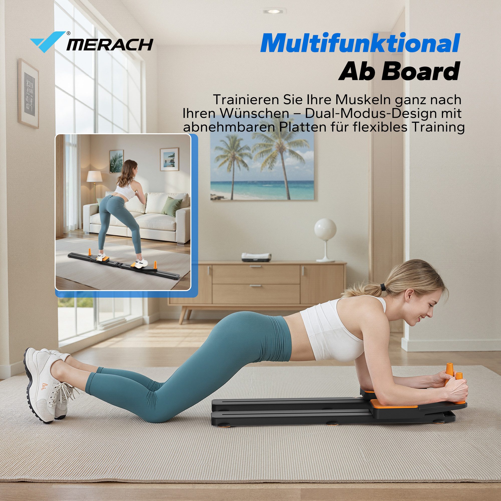 MERACH Pilates-Reformer 4-in-1 Pilates-Board, Push-Up-Bauchmuskel-Roller, (2-tlg, 6,8kg Widerstandsband, Core-Training für Bauch, Arme, Beine, 1-tlg., zerlegbarem Design, Kniepolster, Heimstudio-tauglich, Anti-Rutsch), Platzsparend, Bauchmuskelübungsgerät für Ganzkörpertraining