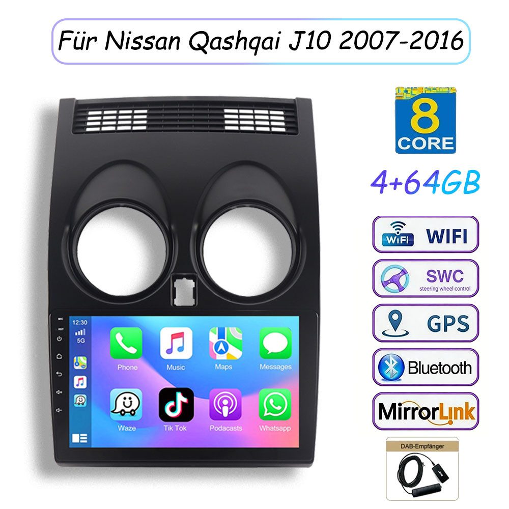 A-Sure 8Core 4+64GB Android 15 Apple CarPlay Für NISSAN Qashqai J10 2007-2015 Autoradio (Digitalradio (DAB), FM, AM, 1280*800 IPS Screen/8-Core CPU)